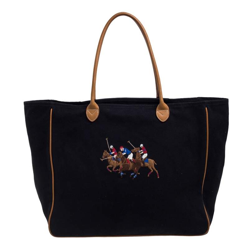 Pre Owned Ralph Lauren Black/Brown Leather Canvas Shopper Tote