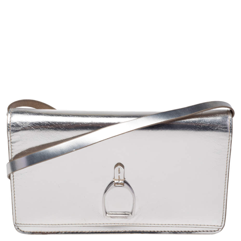 Pre Owned Ralph Lauren Silver Leather Stirrup Flap Shoulder Bag