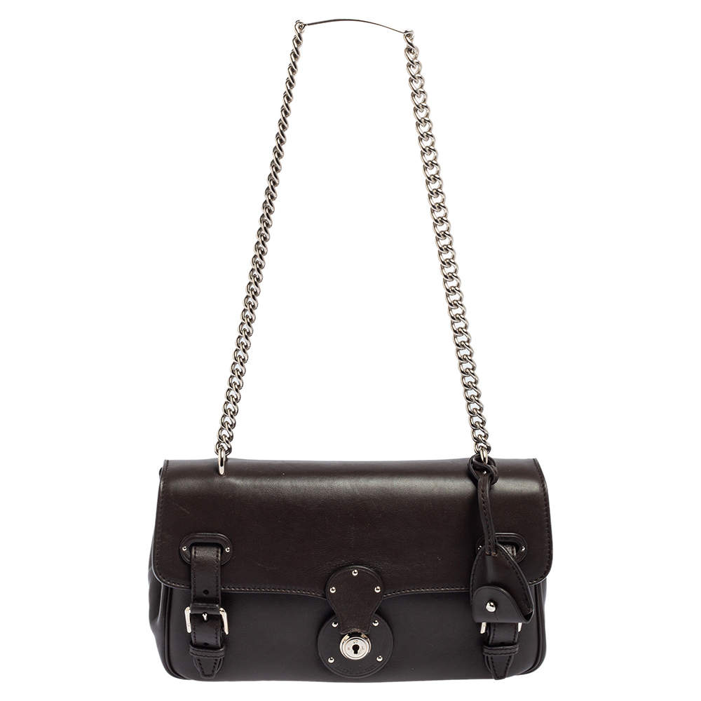Pre Owned Ralph Lauren Dark Brown Leather Ricky ID Chain Shoulder Bag