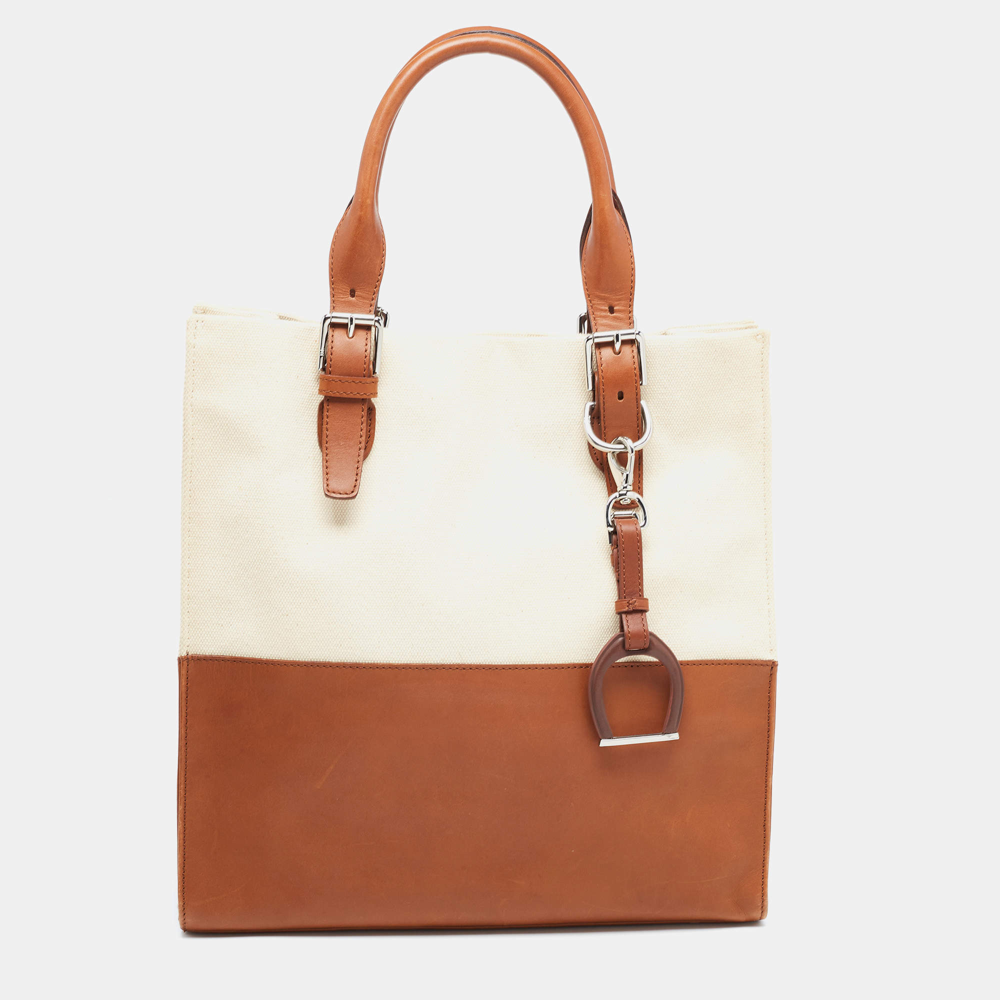 Pre Owned Ralph Lauren Cream/Tan Canvas and Leather  Shopper Tote