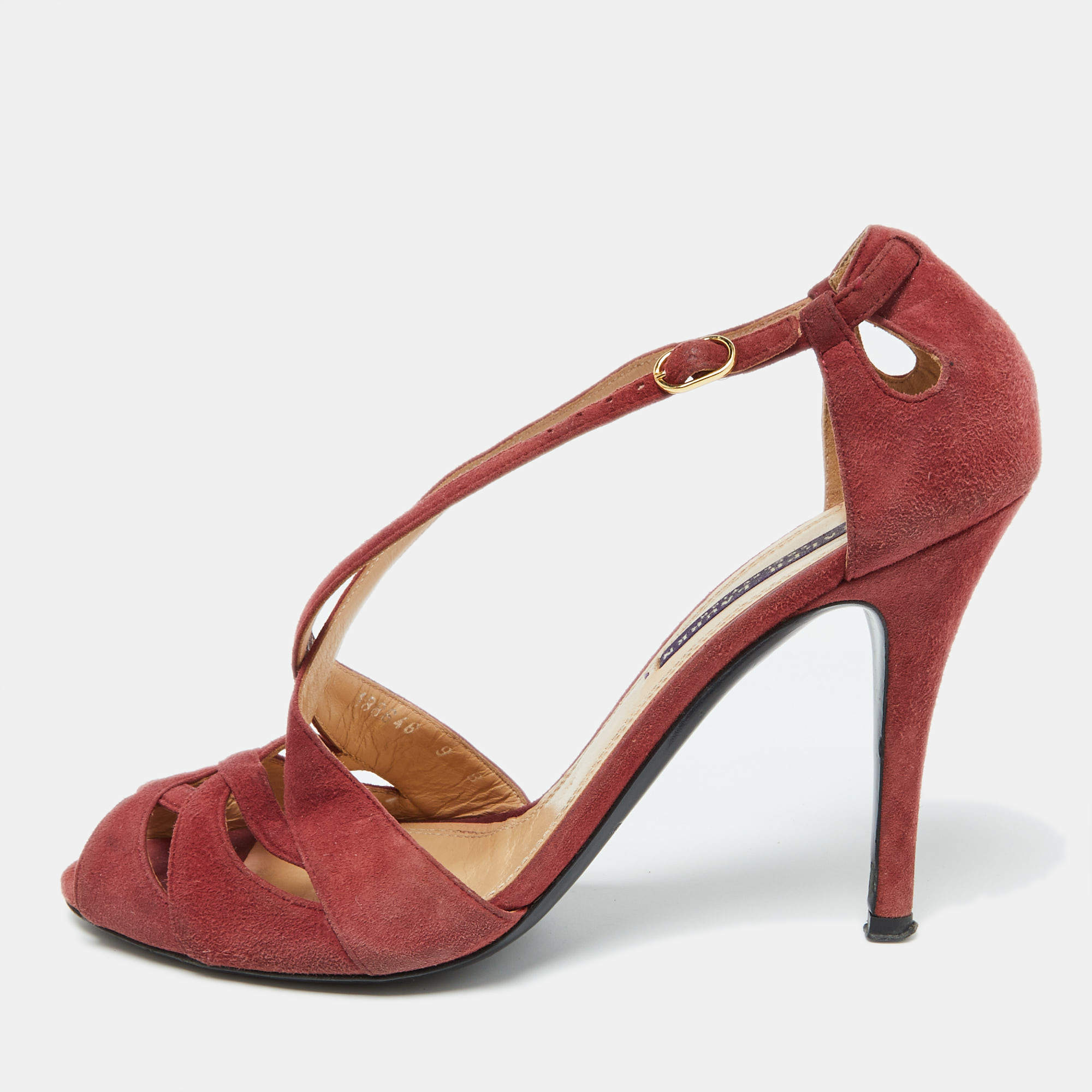 Ralph Lauren Rust Red Suede Arianna Peep Toe Sandals Size 39