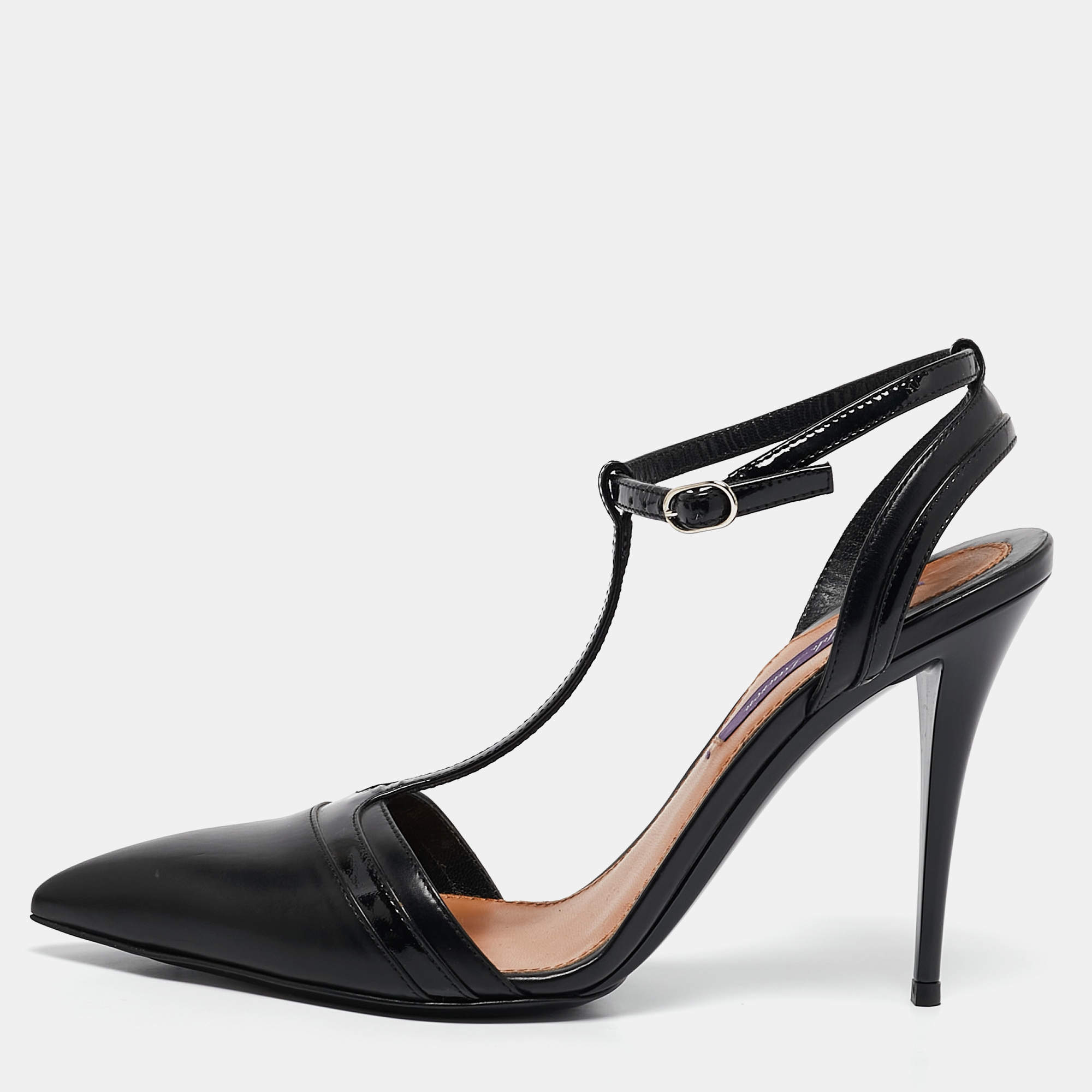 Ralph Lauren Black Leather and Patent Leather Ankle Strap  Pumps Size 37
