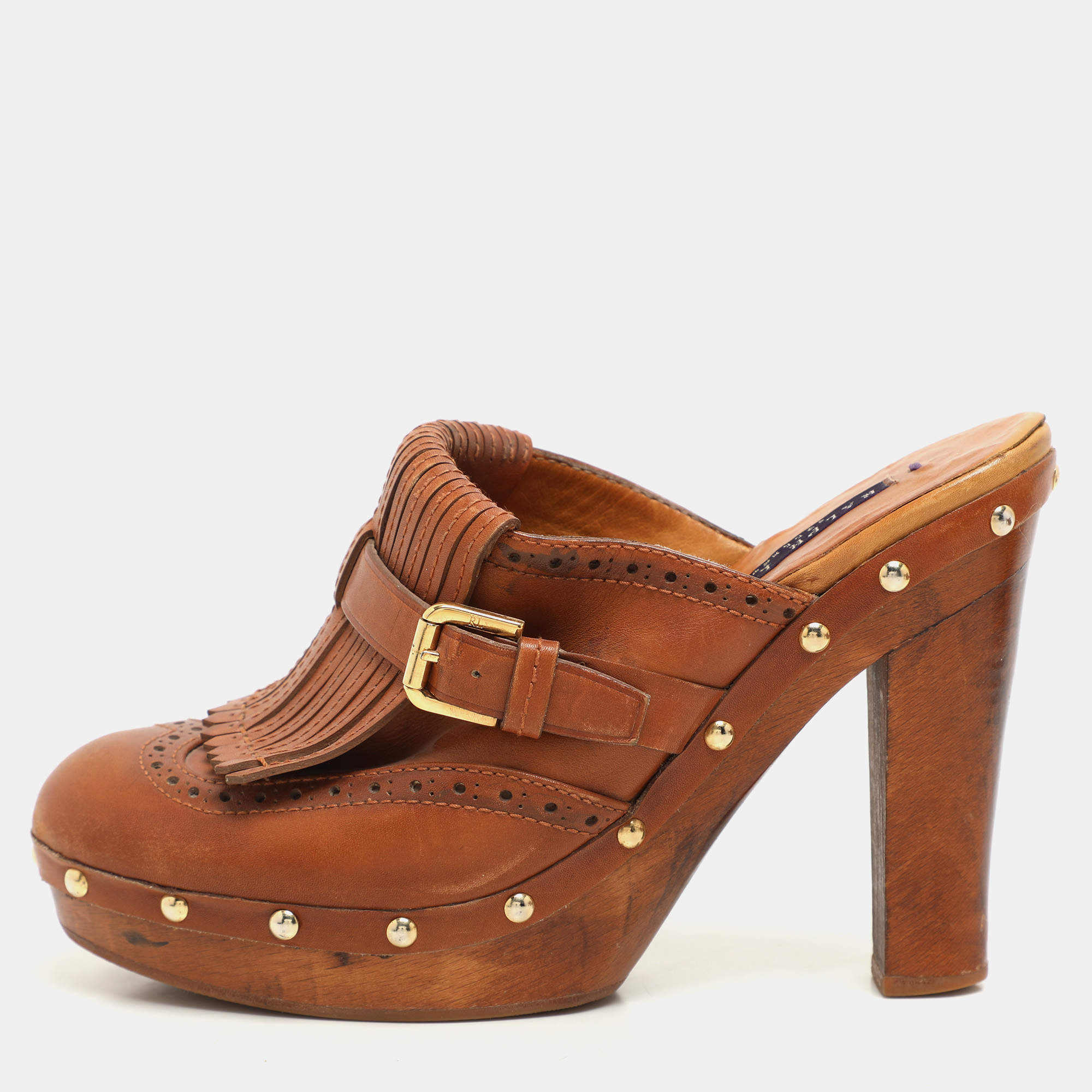 Ralph Lauren Brown Leather Fringe Detail Platform Clogs Size 37