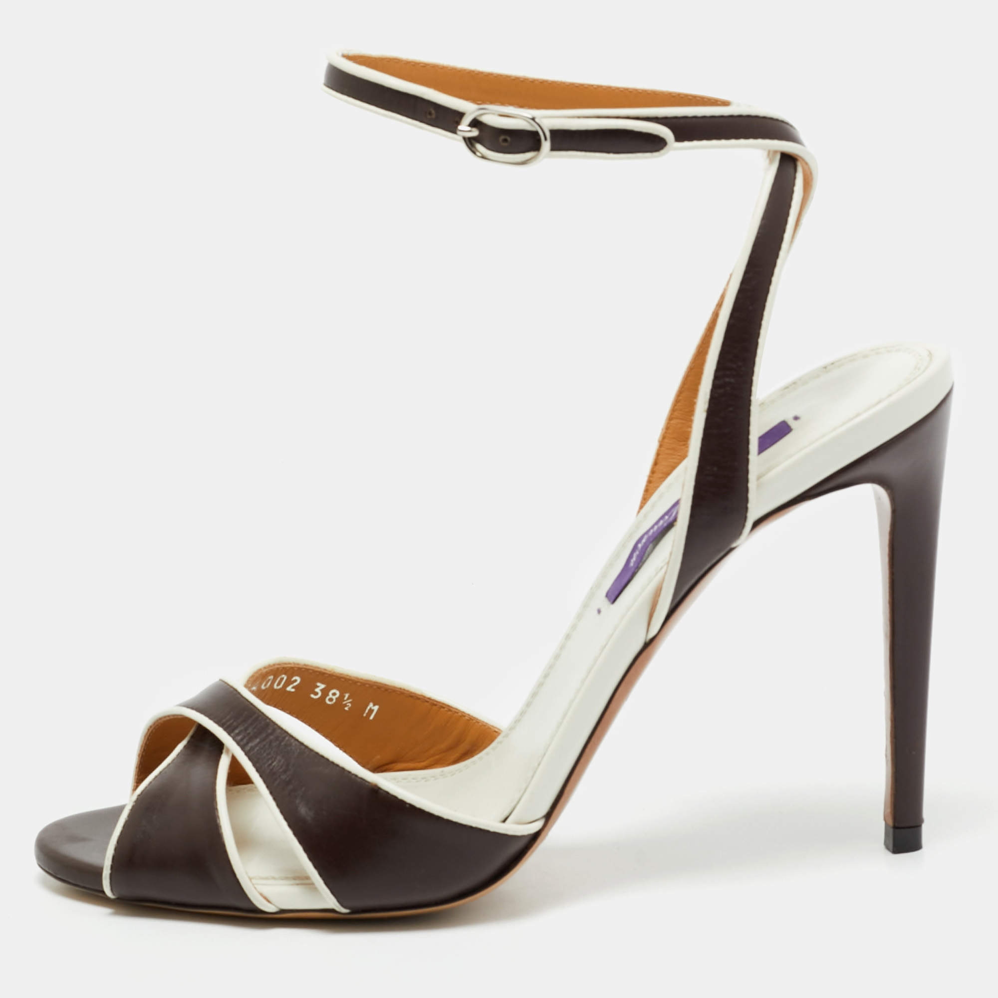 مملوكة مسبقًا صندل رالف لورين جلد بني/أبيض أمابيلا بحزام ملتف حول الكاحل مقاس 38.5