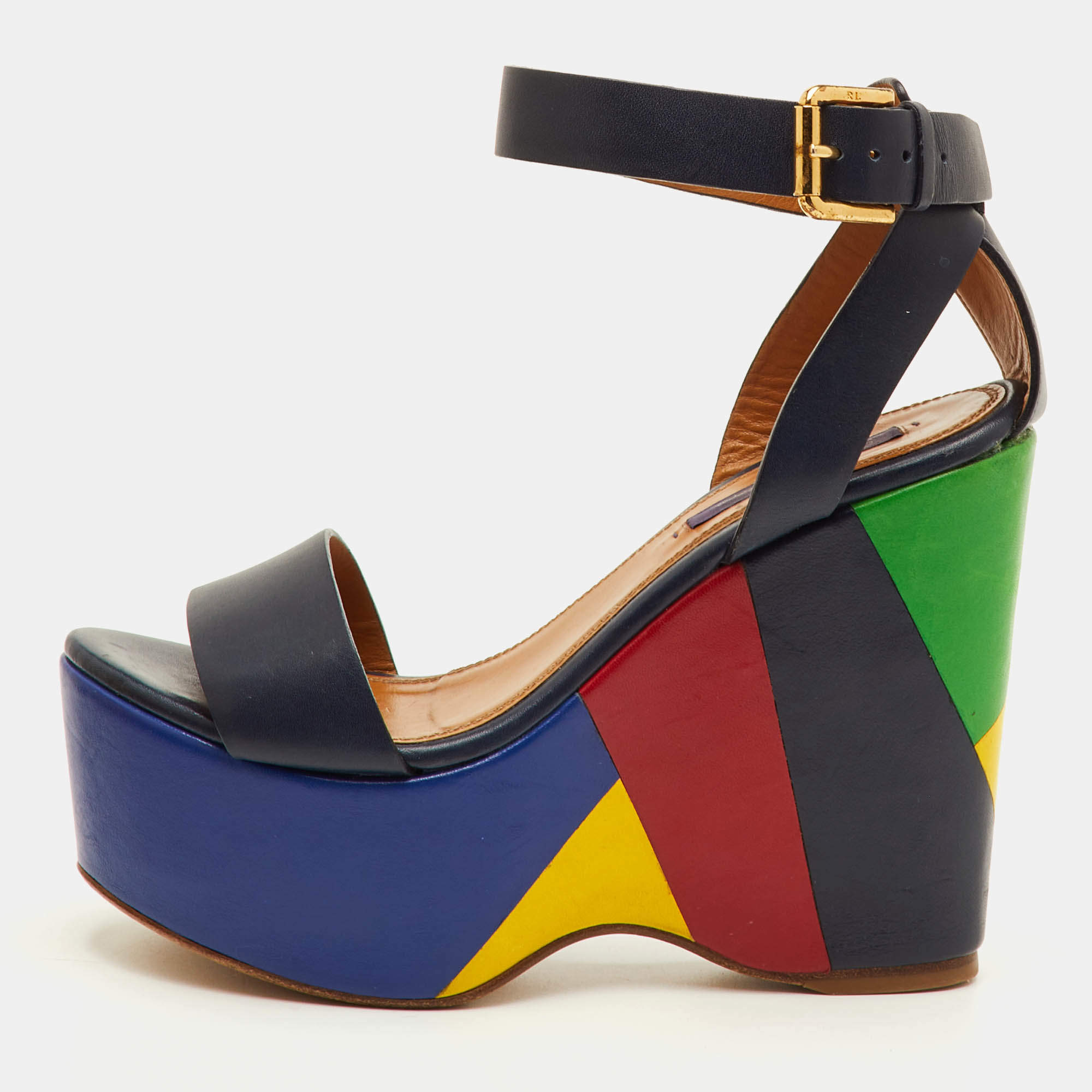 Pre Owned Ralph Lauren Arianna Size 37 Navy Blue Leather Colorblock Platform Wedge Sandals