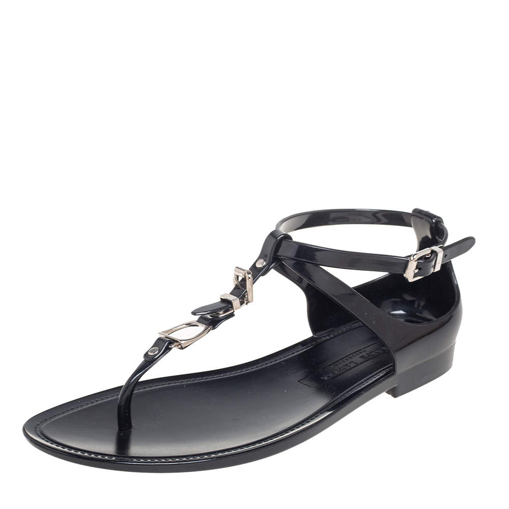 Pre Owned Ralph Lauren Black Jelly Karly Ankle-Strap Flat Sandals Size 38