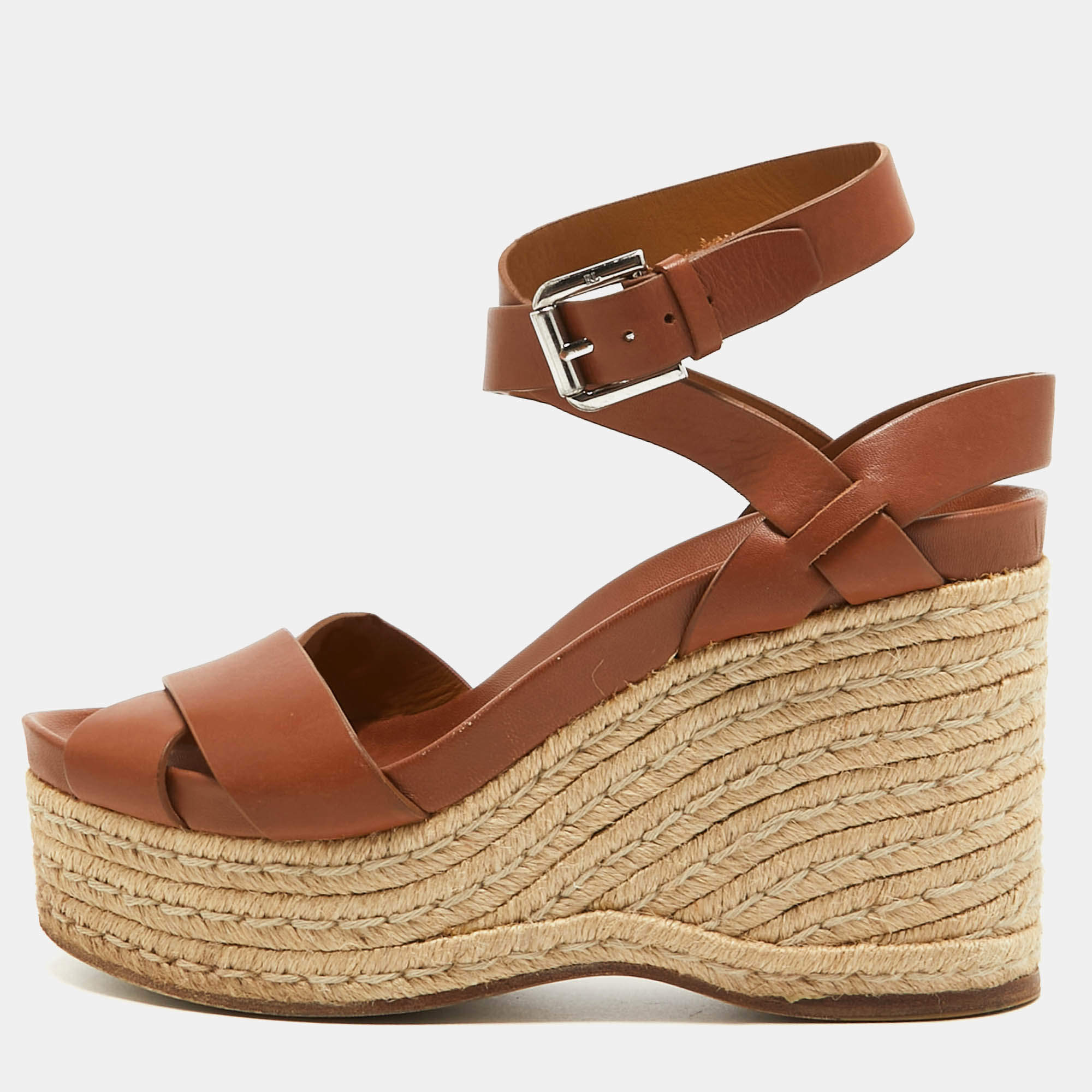 Pre Owned Ralph Lauren Brown Leather Espadrille Wedge Platform Ankle Strap Sandals Size 38