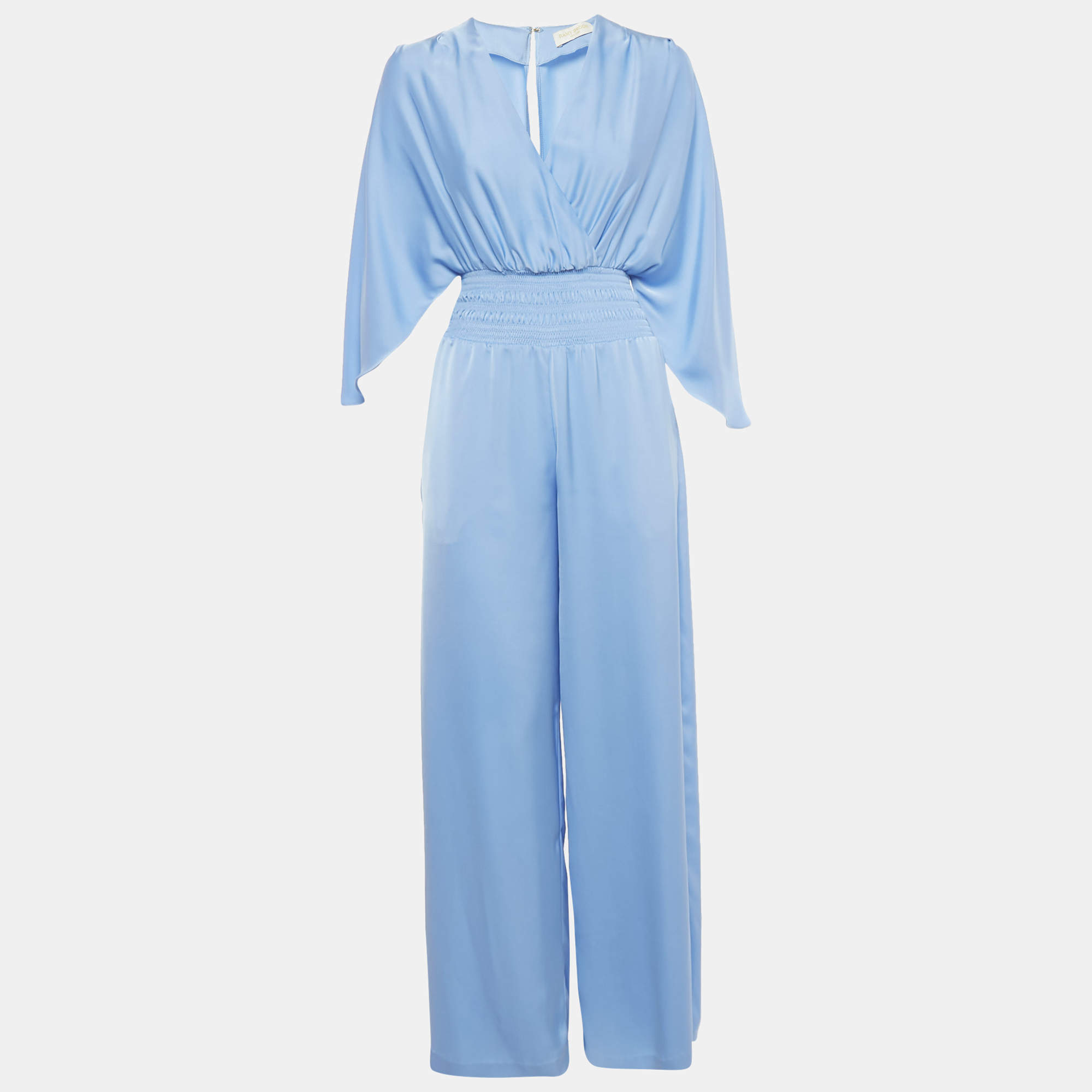 Pre Owned Ramy Brook Blue Satin Smocked V-Neck Jumpsuit XXS