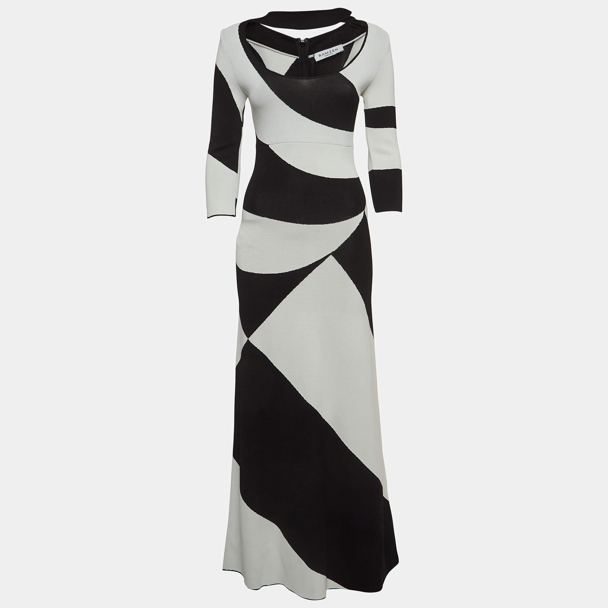 Pre Owned Ramzen Black/White Striped Knit Maxi Dress S