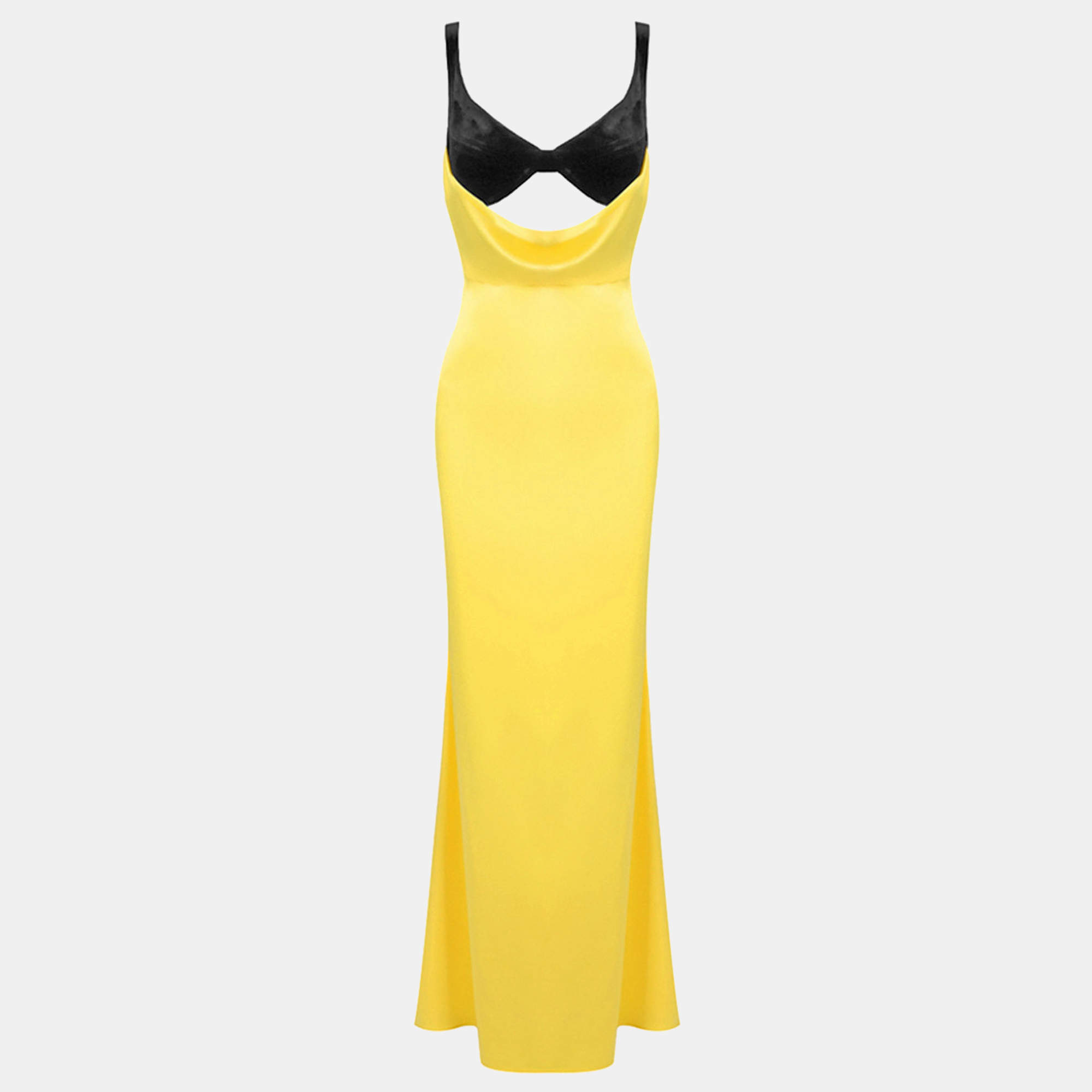 Pre Owned Rasario Yellow Velvet and Satin Cut-Out Maxi Dress XS