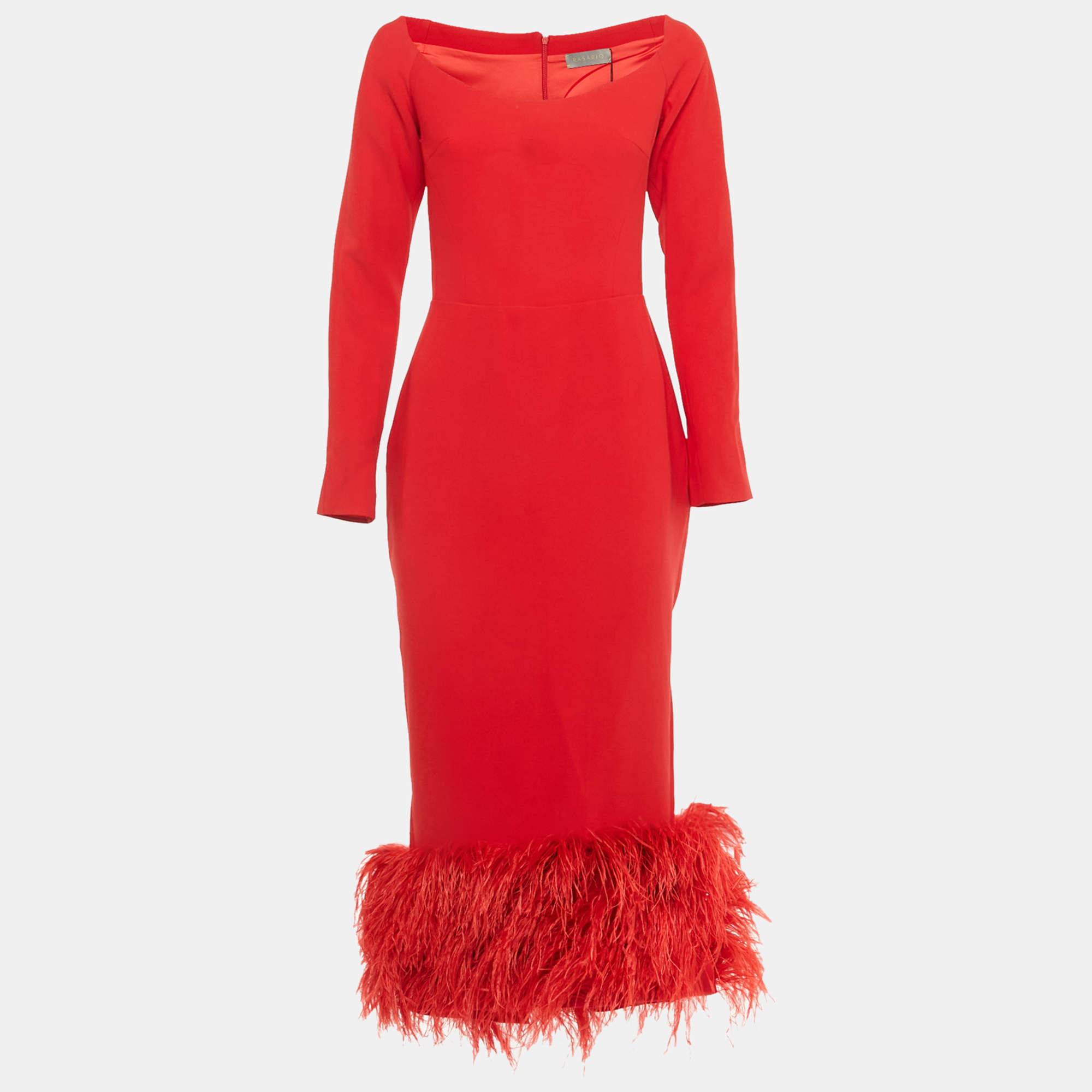 Pre Owned Rasario Red Crepe Fringed Midi Dress M