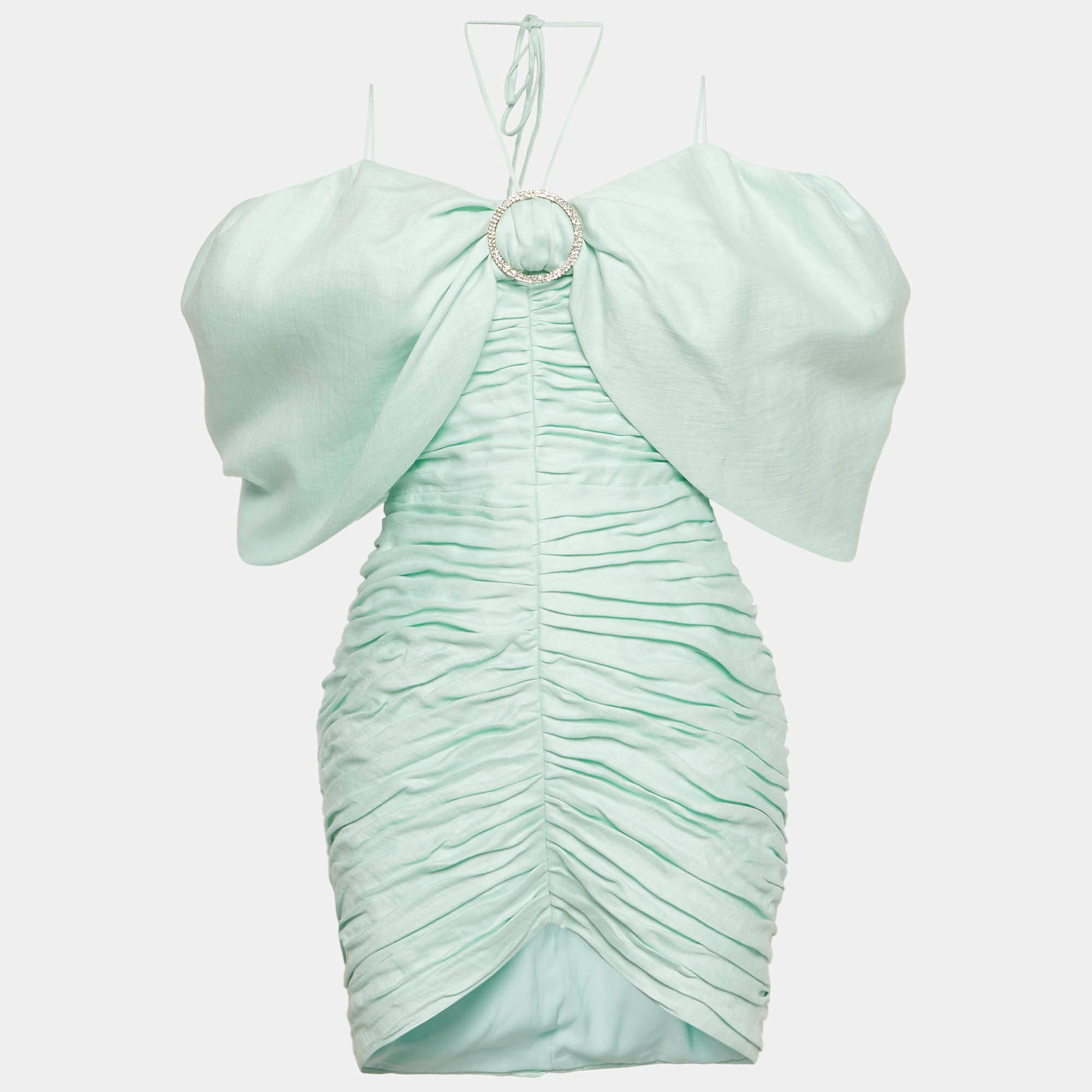 Pre Owned فستان راساريو مزيج الكتان أخضر فاتح كتف مكشوف مقاس متوسط