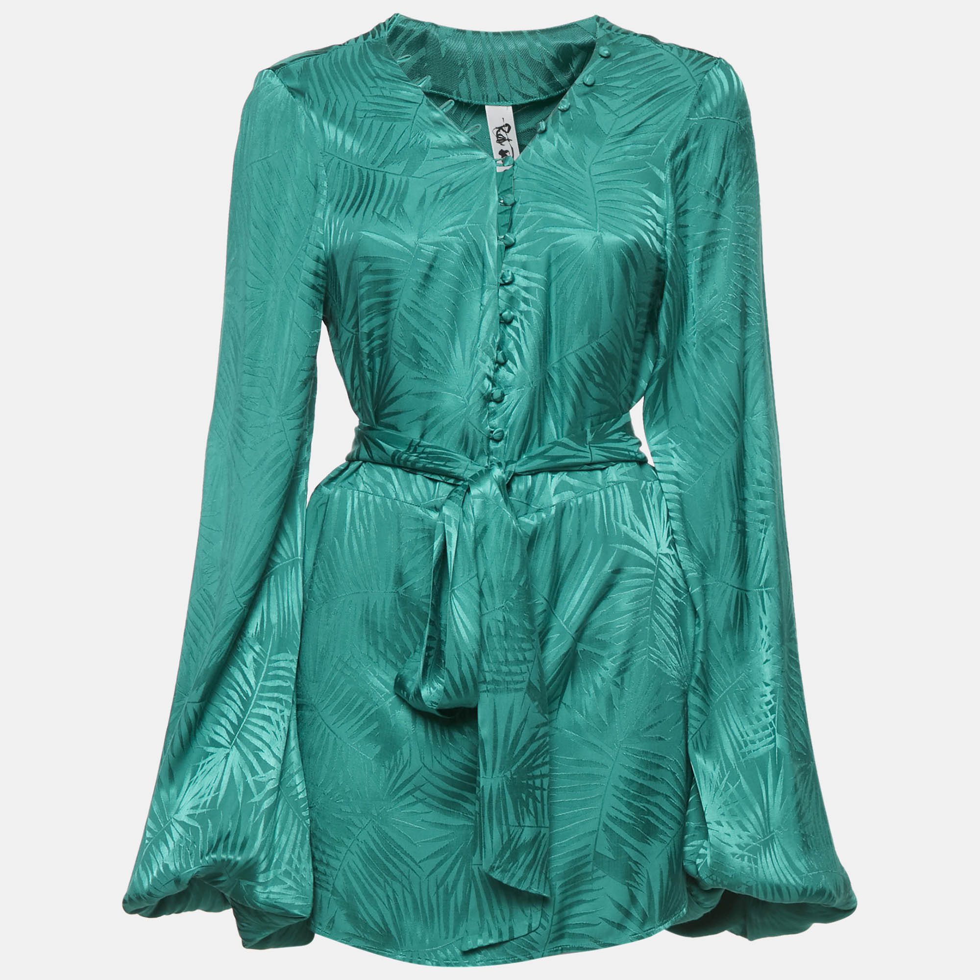 مملوكة مسبقًا Rat & Bao Green Tropical Pattern Satin Mini Dress M