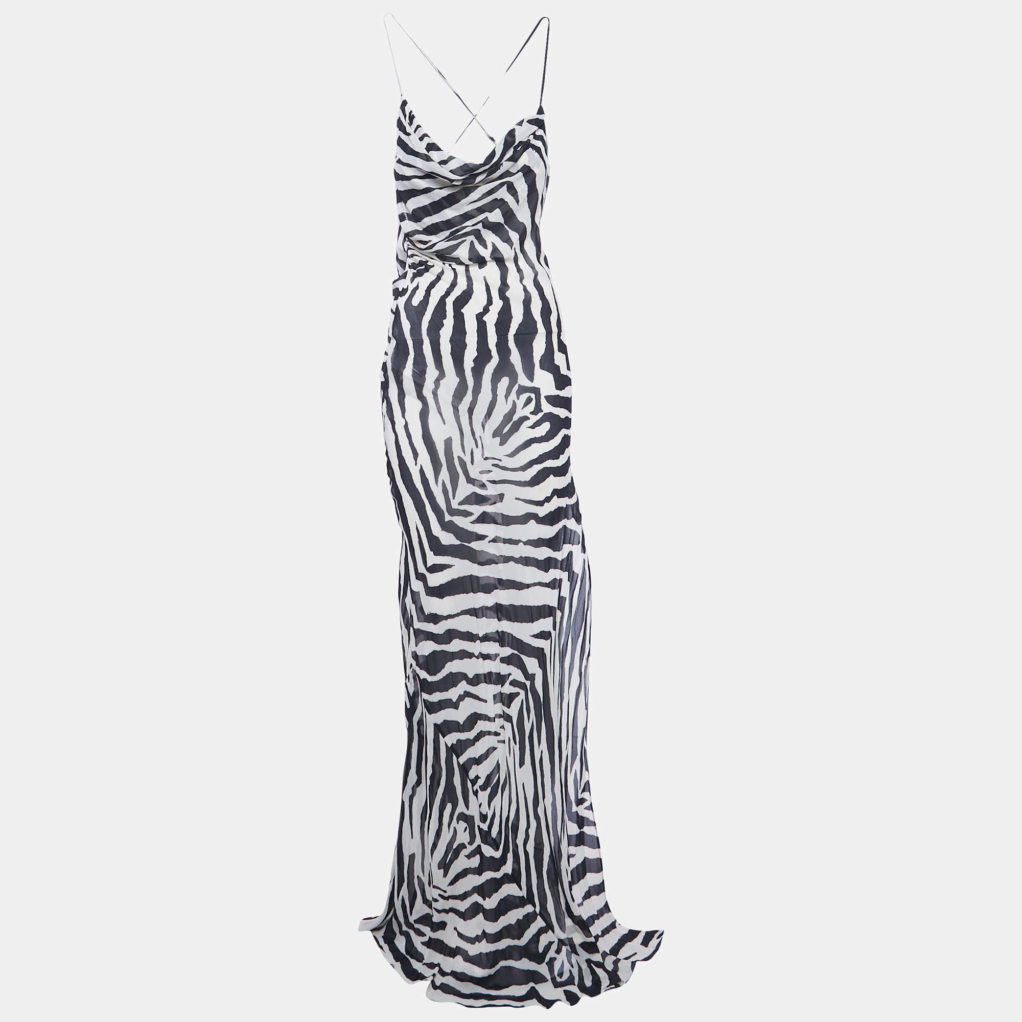 Pre Owned Rat & Bao White /Black Zebra Print Crepe Sheer Maxi Dess XS