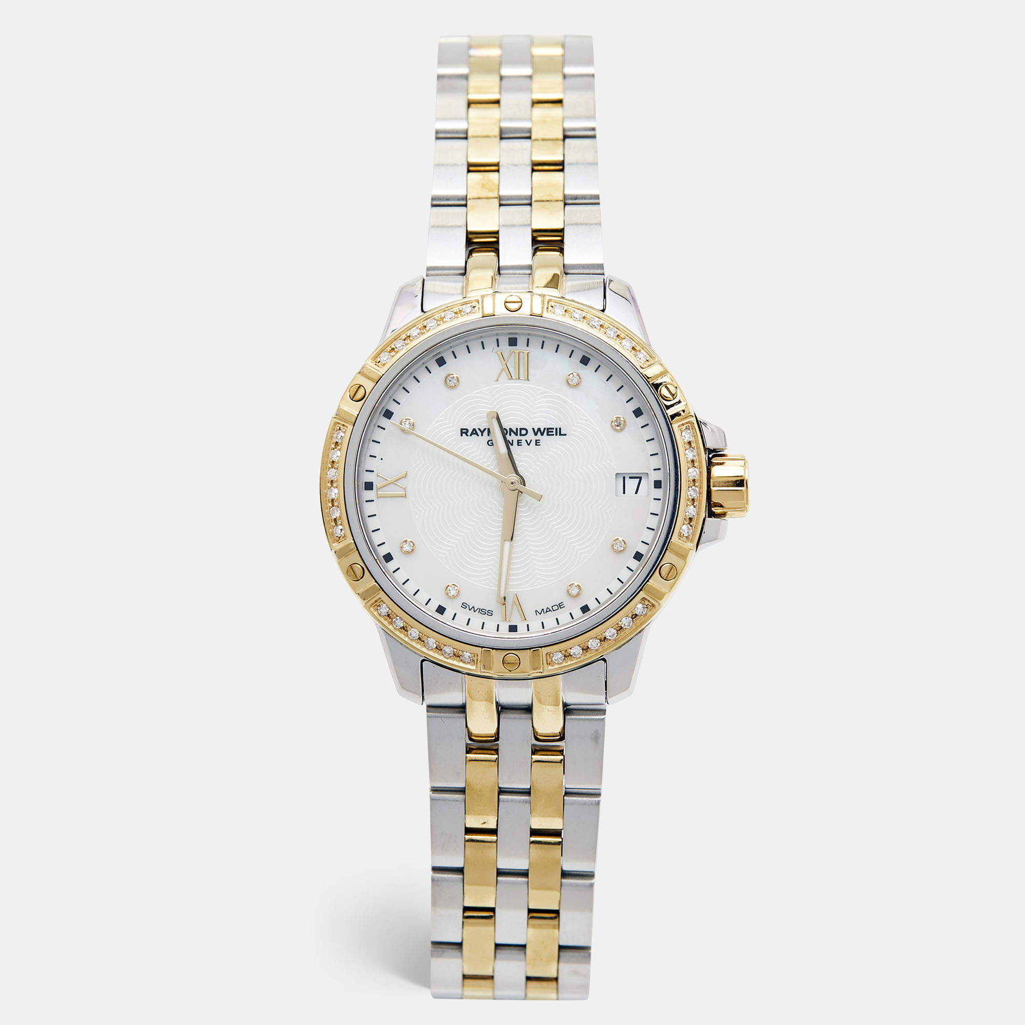 Pre Owned Raymond Weil White Mother of Pearl Two-Tone Stainless Steel Diamond Tango 5960-SPS-00995 Women's Wristwatch 30 mm