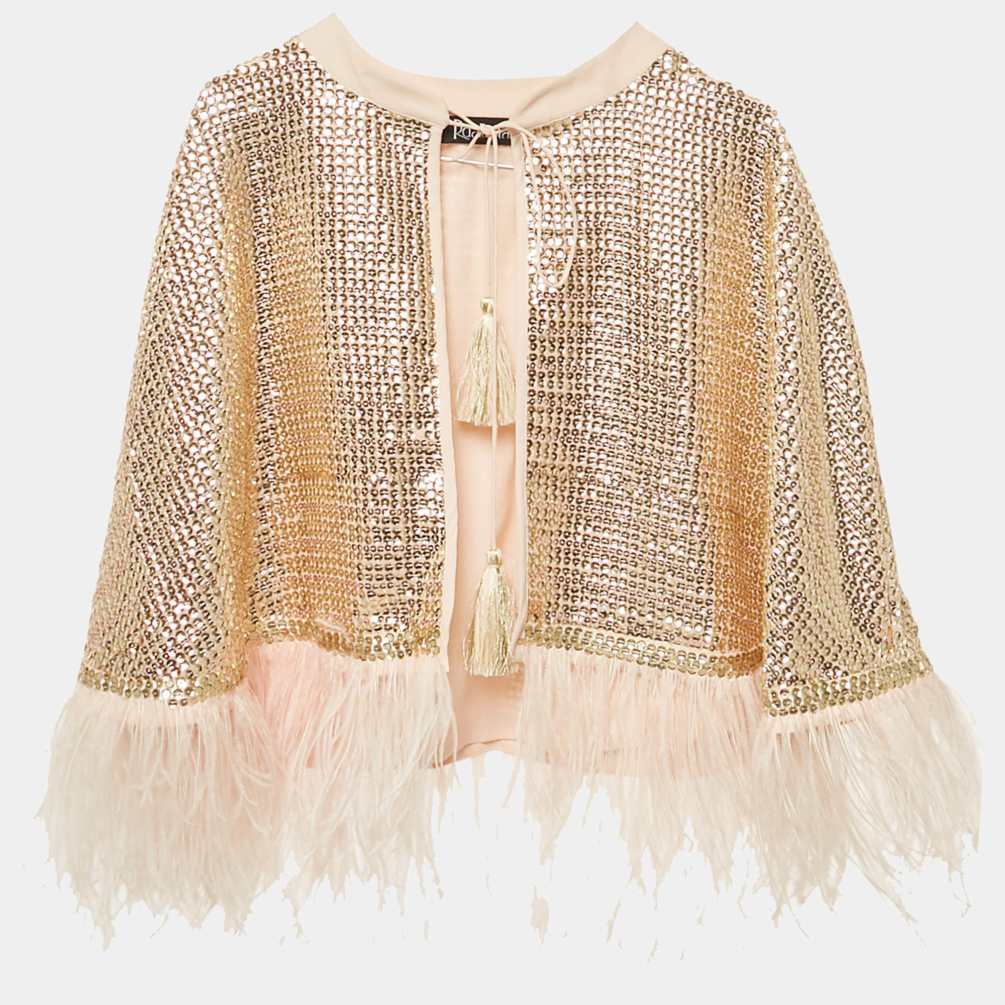 Pre Owned Rdalamal Gold Sequin Feather Detail Cape One Size