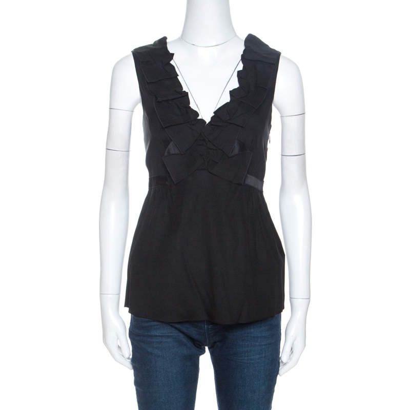 Pre Owned Rebecca Taylor Black Stretch Silk Ruffle Trim Sleeveless Top S