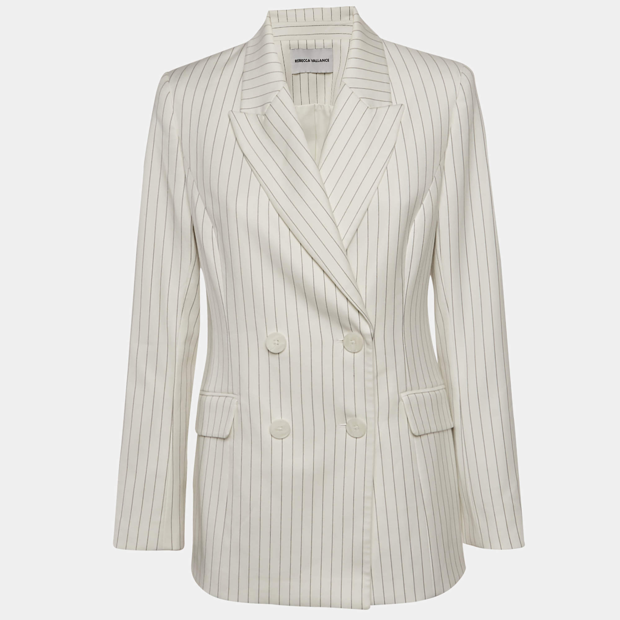Pre Owned  Rebecca Vallance White Pinstriped Twill Double Breasted Blazer M