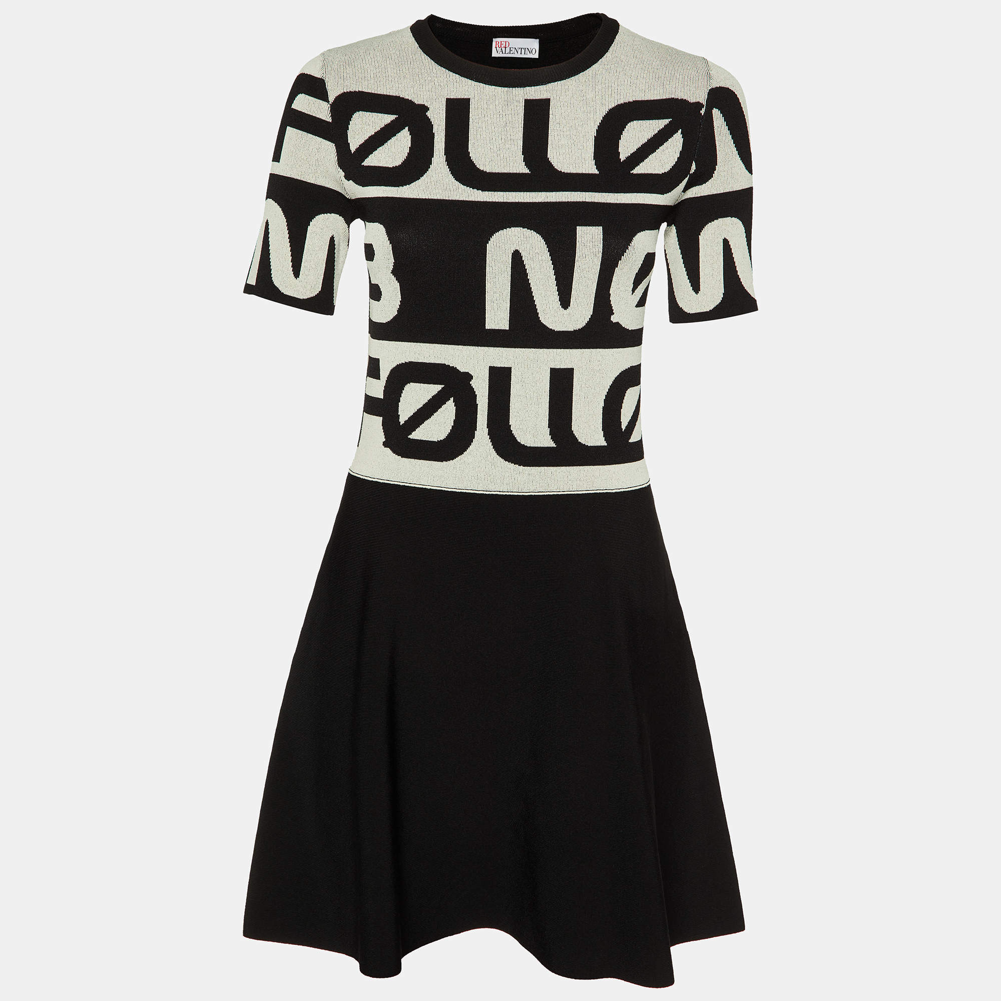 Pre Owned RED Valentino Black/White Follow Me Intarsia Knit Mini Dress S