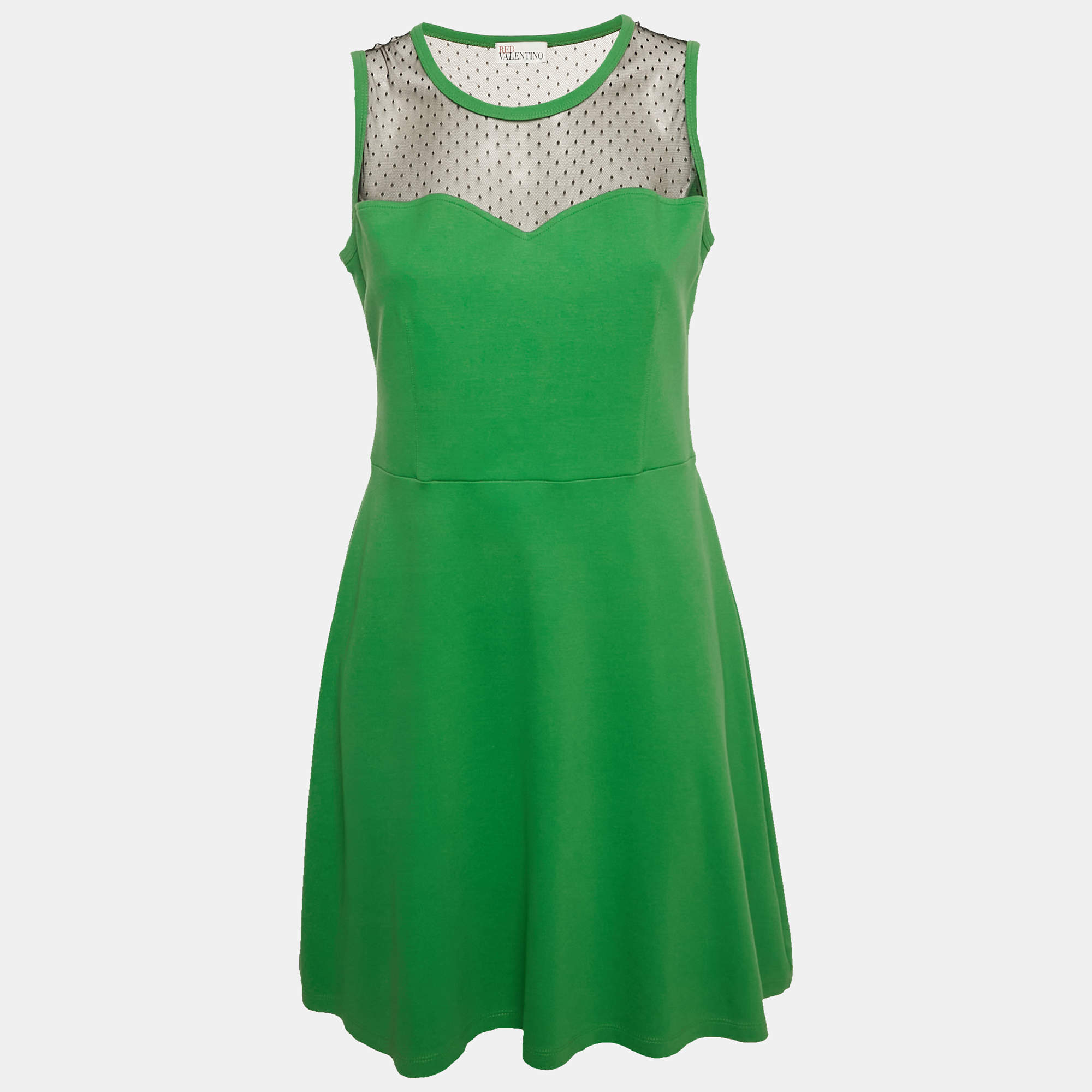 RED Valentino Green Knit and Tulle Sleeveless D'Esprit Ponte Mini Dress XL
