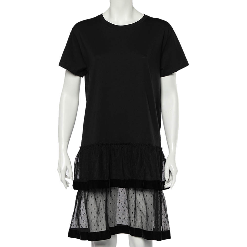 Pre Owned RED Valentino Black Cotton And Mesh Hem Detailed T-Shirt Dress L