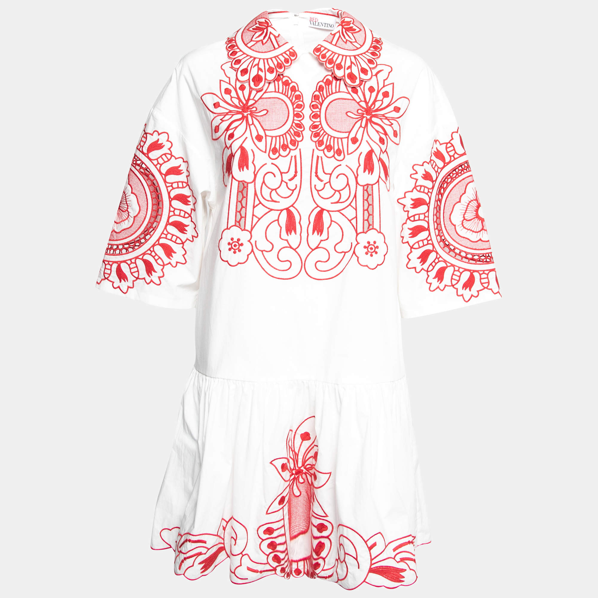 Pre Owned RED Valentino White and Red Cotton Embroidered Peter Pan Collar Dress M