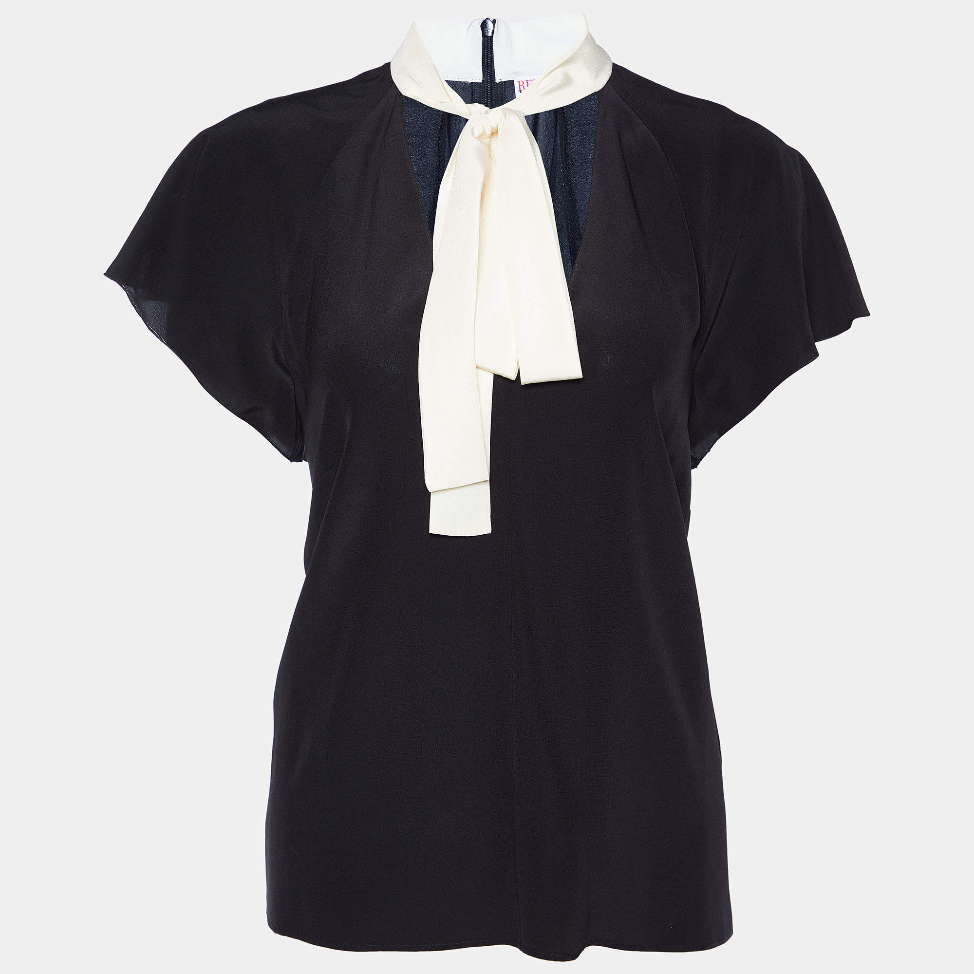 RED Valentino Black Silk Contrast Neck Tie Detail Top M