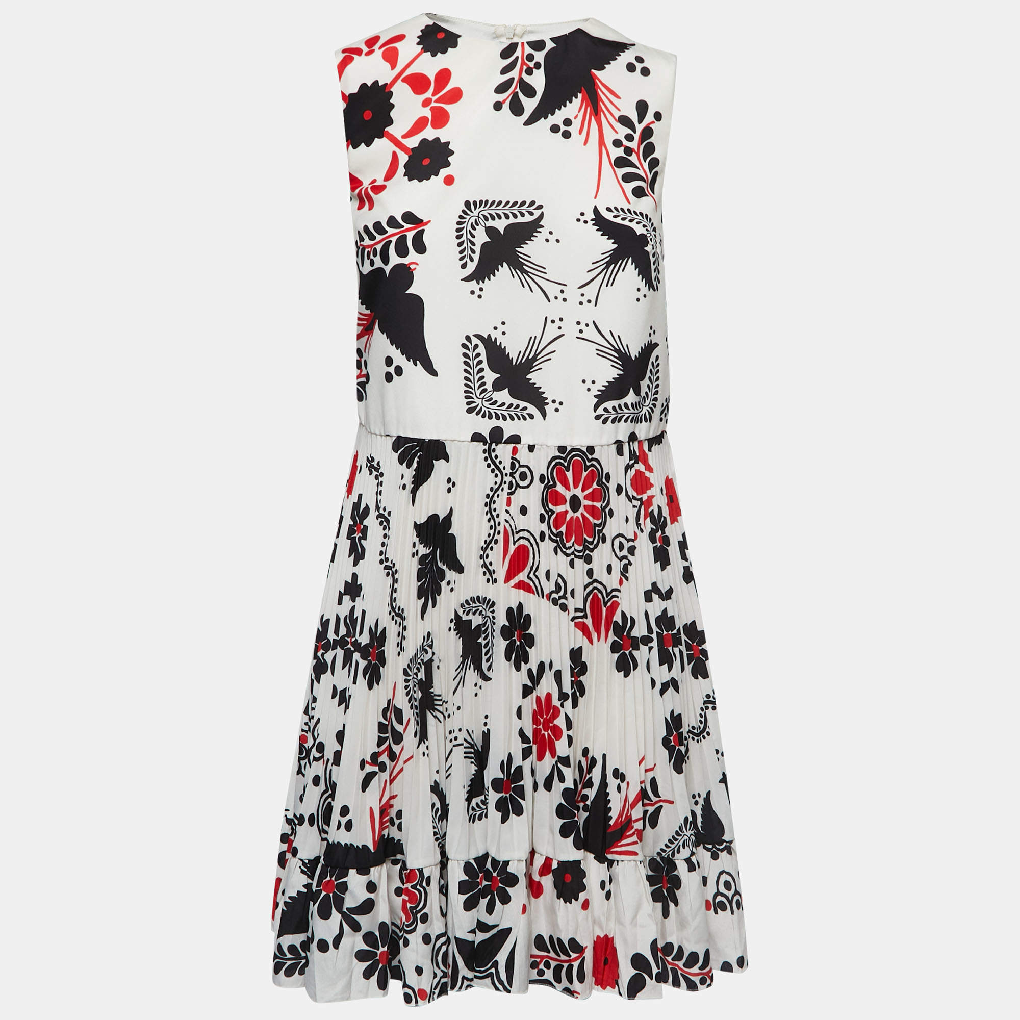 Pre Owned Red Valentino Cream/Black Printed Crepe Pleated Mini Dress S