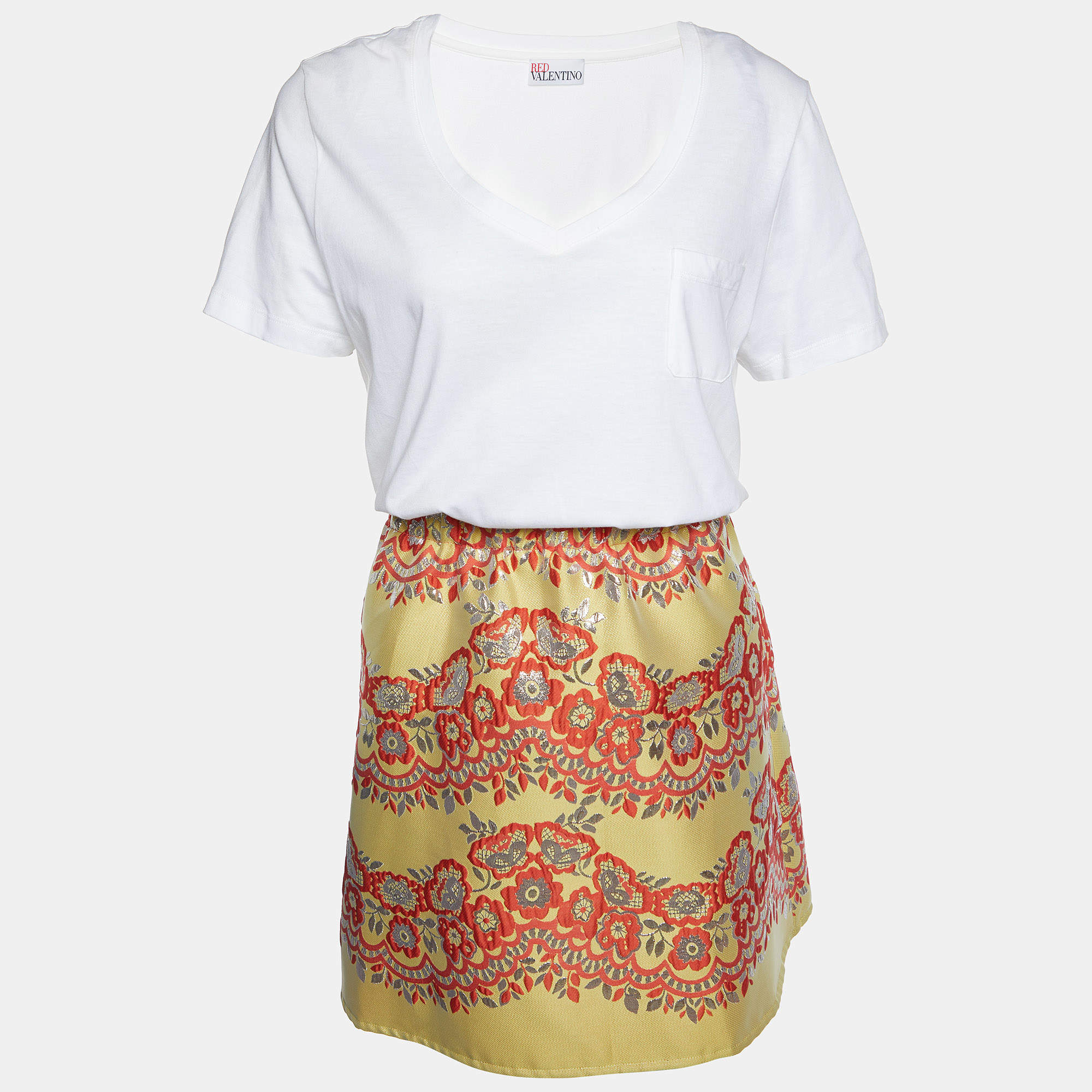 Pre Owned RED Valentino White Cotton Knit & Multicolor Lurex Jacquard Mini Dress L