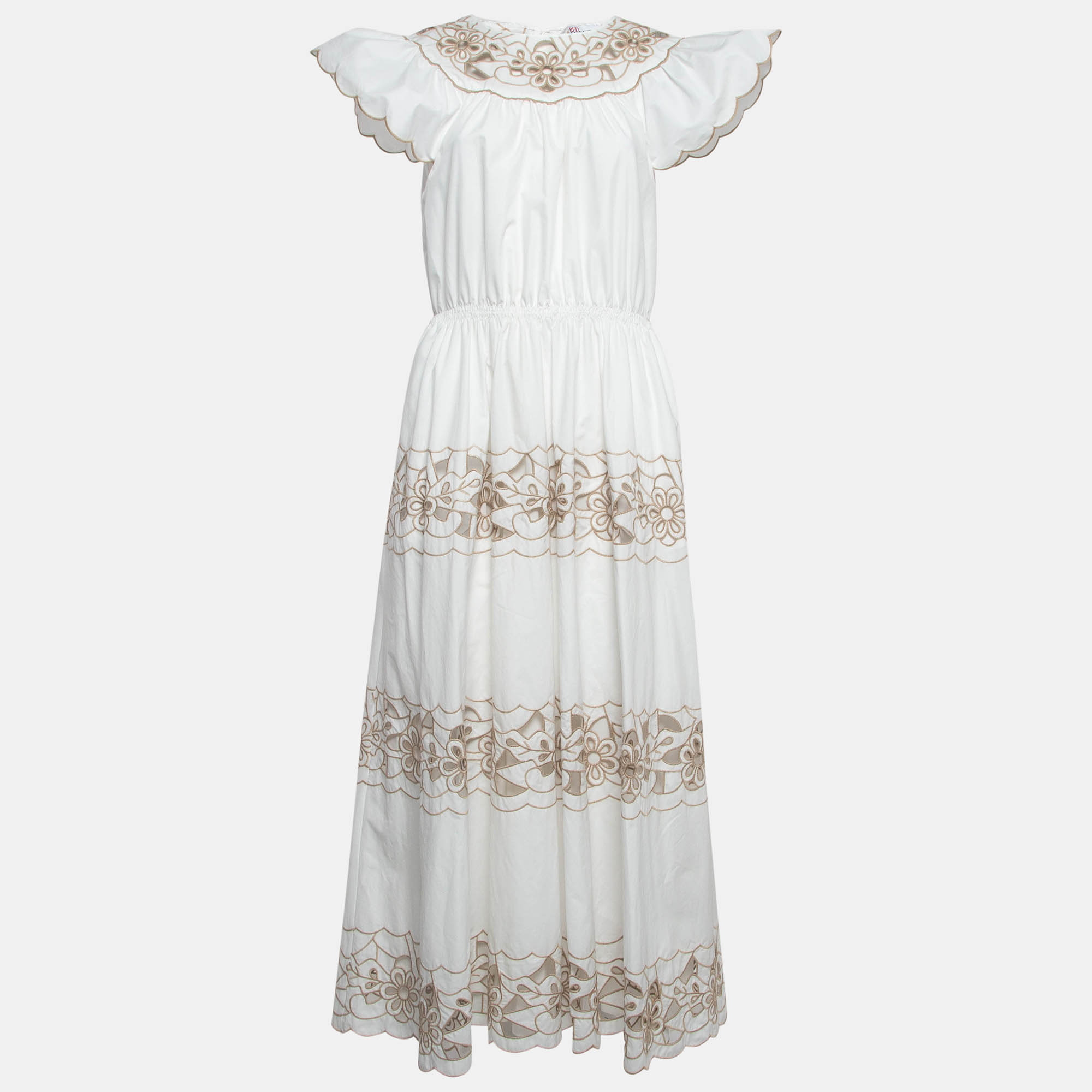 Pre Owned RED Valentino White Embroidered Poplin Tiered Maxi Dress M