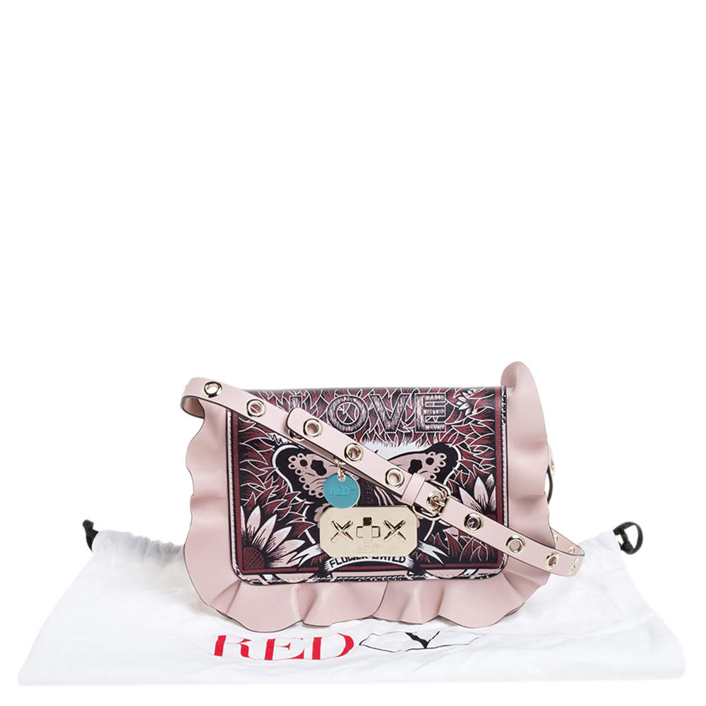 RED Valentino Nude Leather Butterfly Stay Wild Print Rock Ruffles  Crossbody Bag RED Valentino
