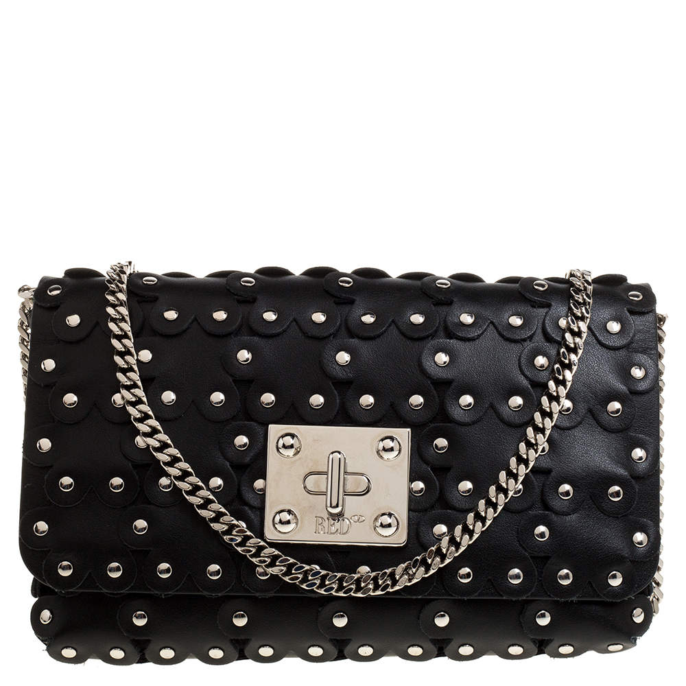 Pre Owned RED Valentino Black Leather Flower Puzzle Clutch Bag