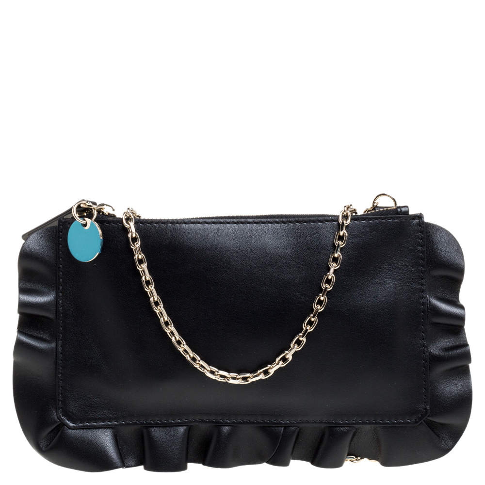 RED Valentino Black Leather Rock Ruffles Pochette Bag