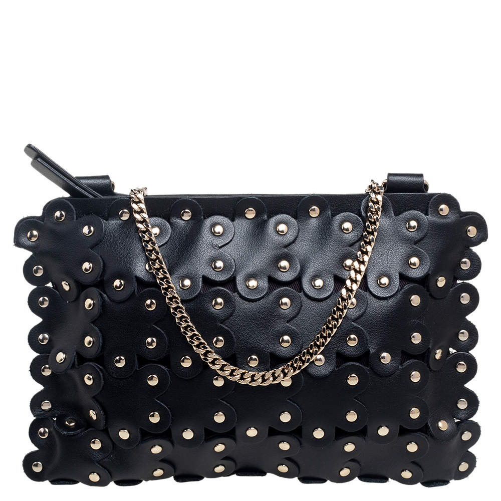 Pre Owned RED Valentino Black Leather Flower Puzzle Pochette Bag