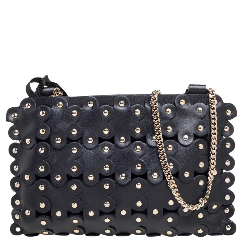 RED Valentino Black Leather Flower Puzzle Pochette Bag