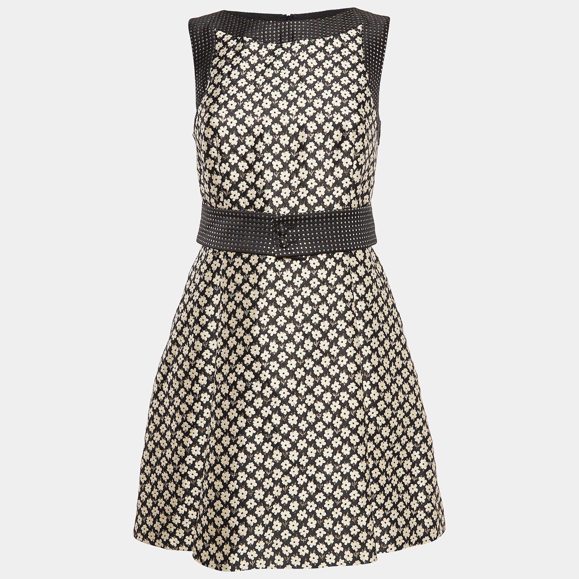 RED Valentino Black/Gold Floral Jacquard Belted Mini Dress S