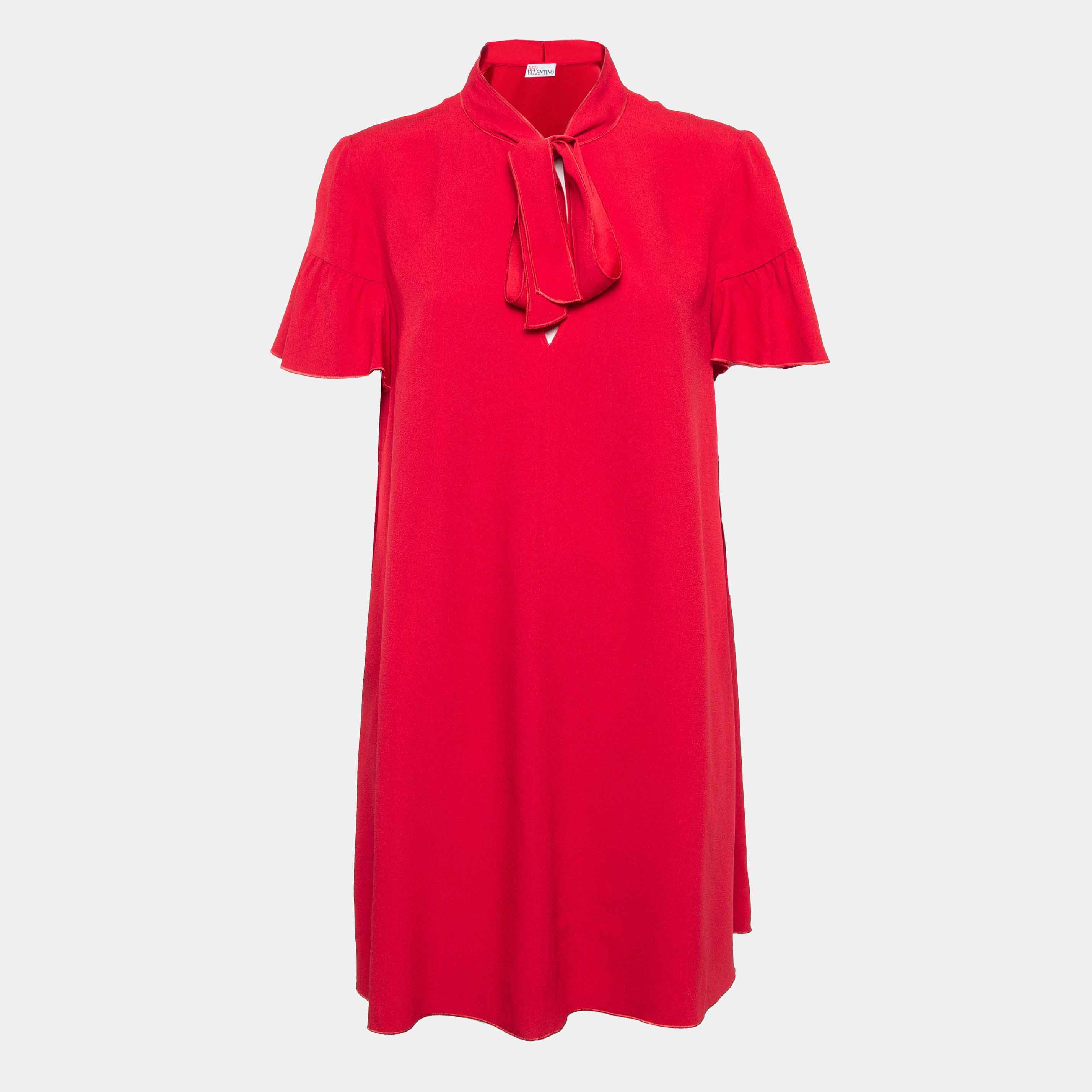 RED Valentino Red  Crepe Tie-Up Neck Ruffled Mini Dress M