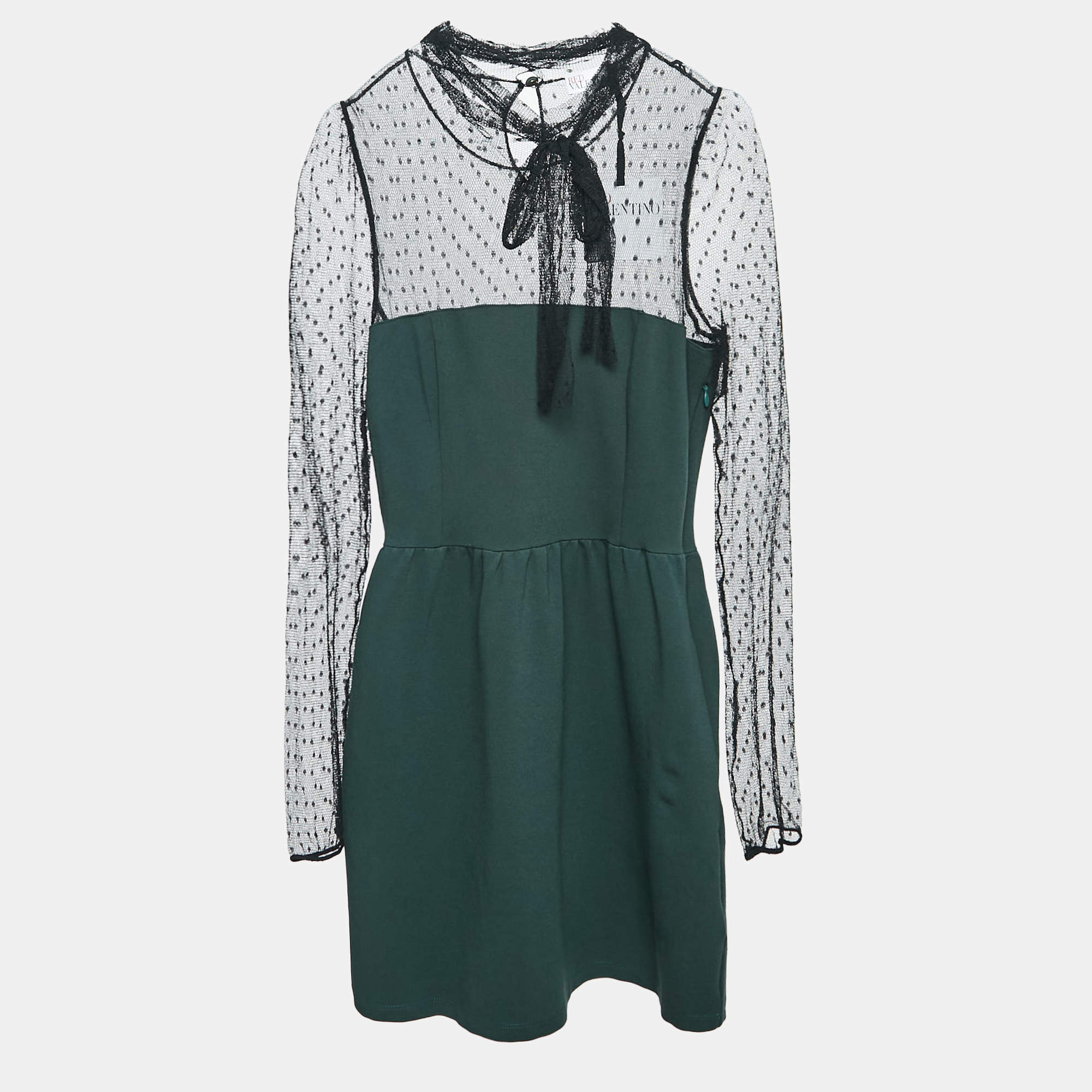 RED Valentino Green/Black Jersey and Lace High Neck Mini Dress L
