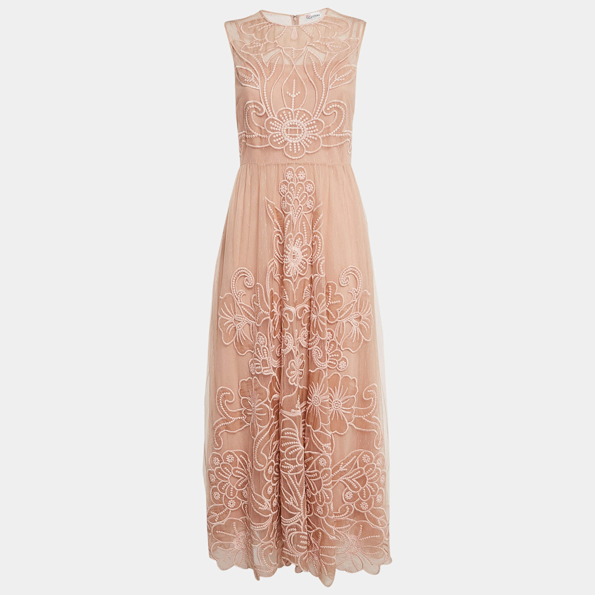 RED Valentino Peach Pink Floral Embroidered Tulle Maxi Dress M