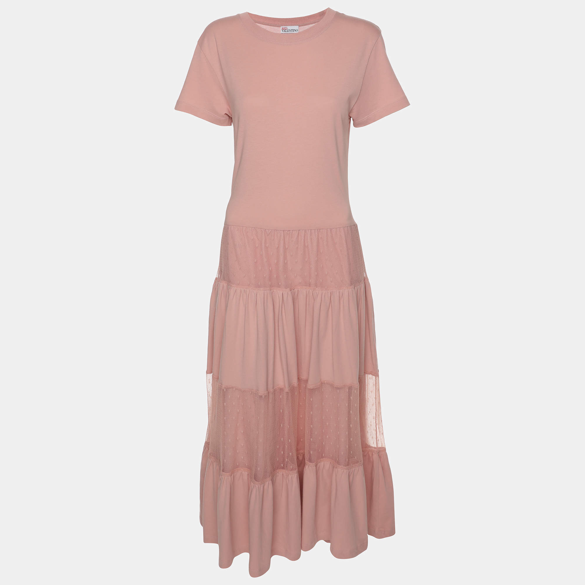 Pre Owned RED Valentino Pink Cotton and Lace T-shirt Long Dress XS