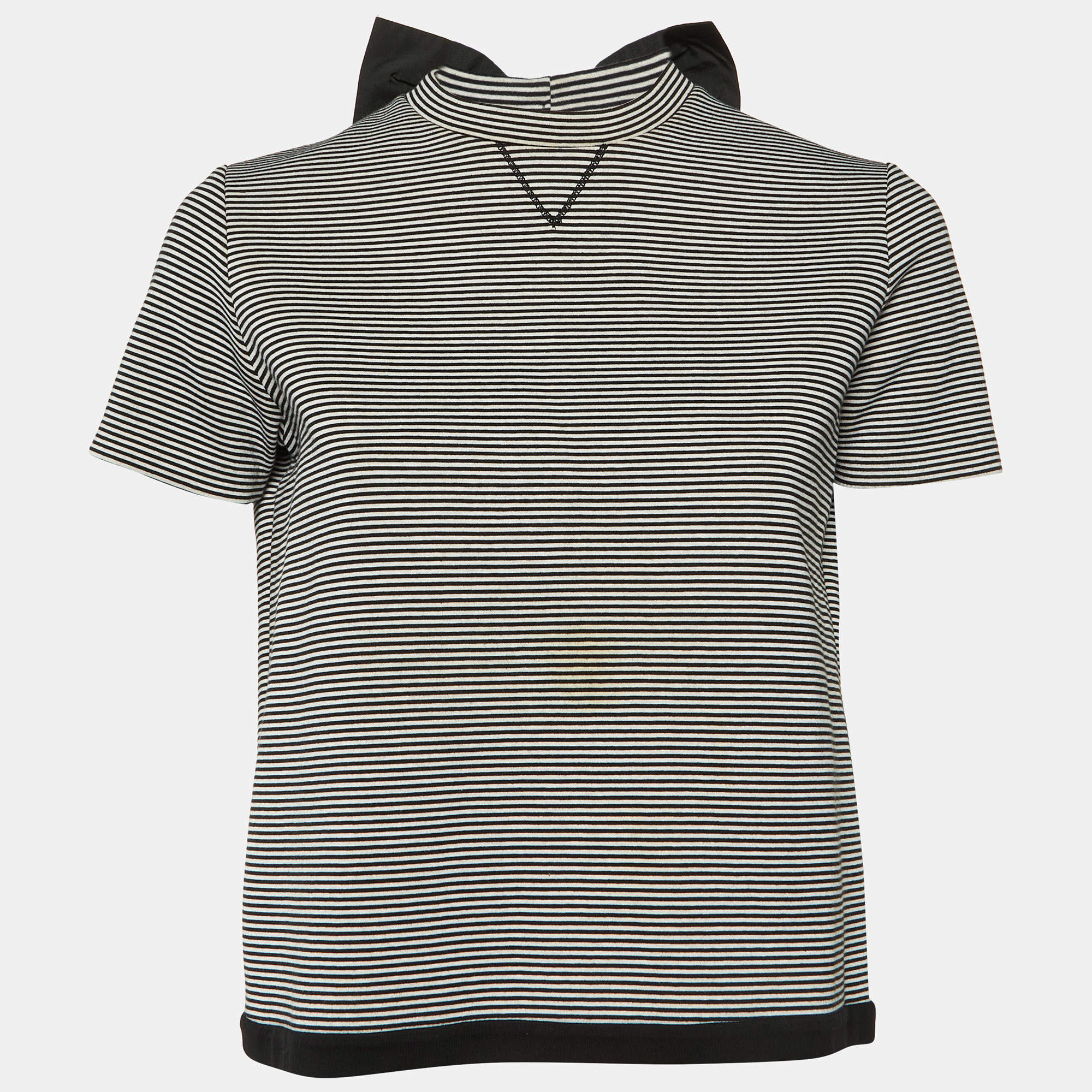 Pre Owned RED Valentino Monochrome Striped Bow Detail T-Shirt M
