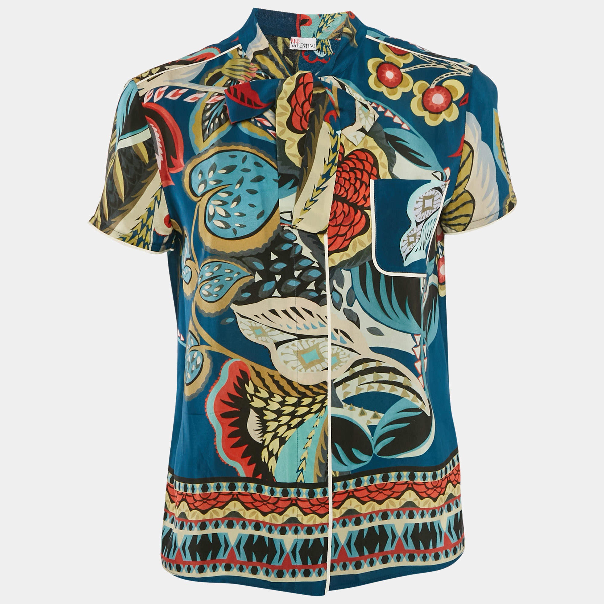 Pre Owned RED Valentino Multicolor Printed Crepe Tie-Up Neck Detail Blouse M