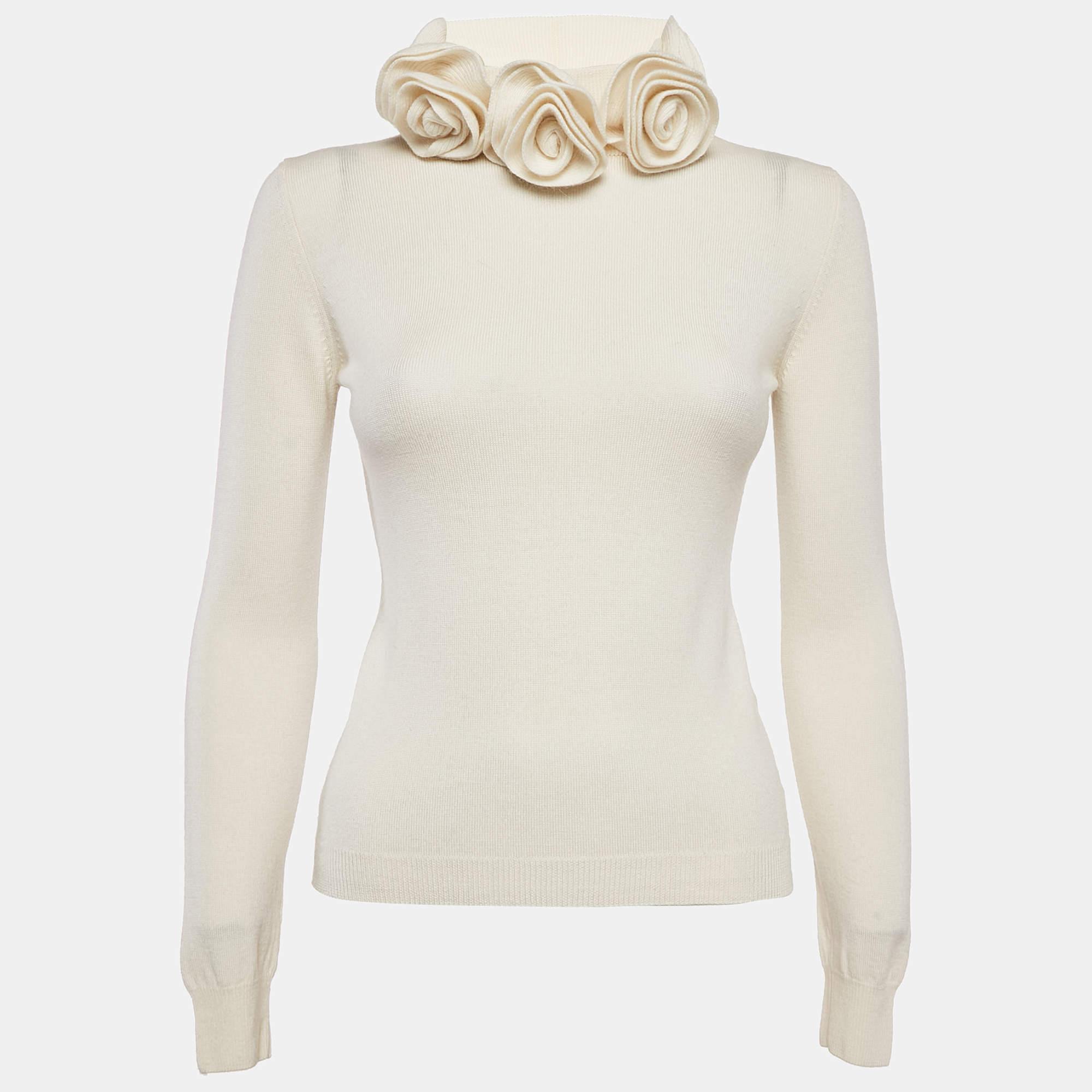 Pre Owned RED Valentino Off-White Knit Floral Detail Full Sleeve Sweater M