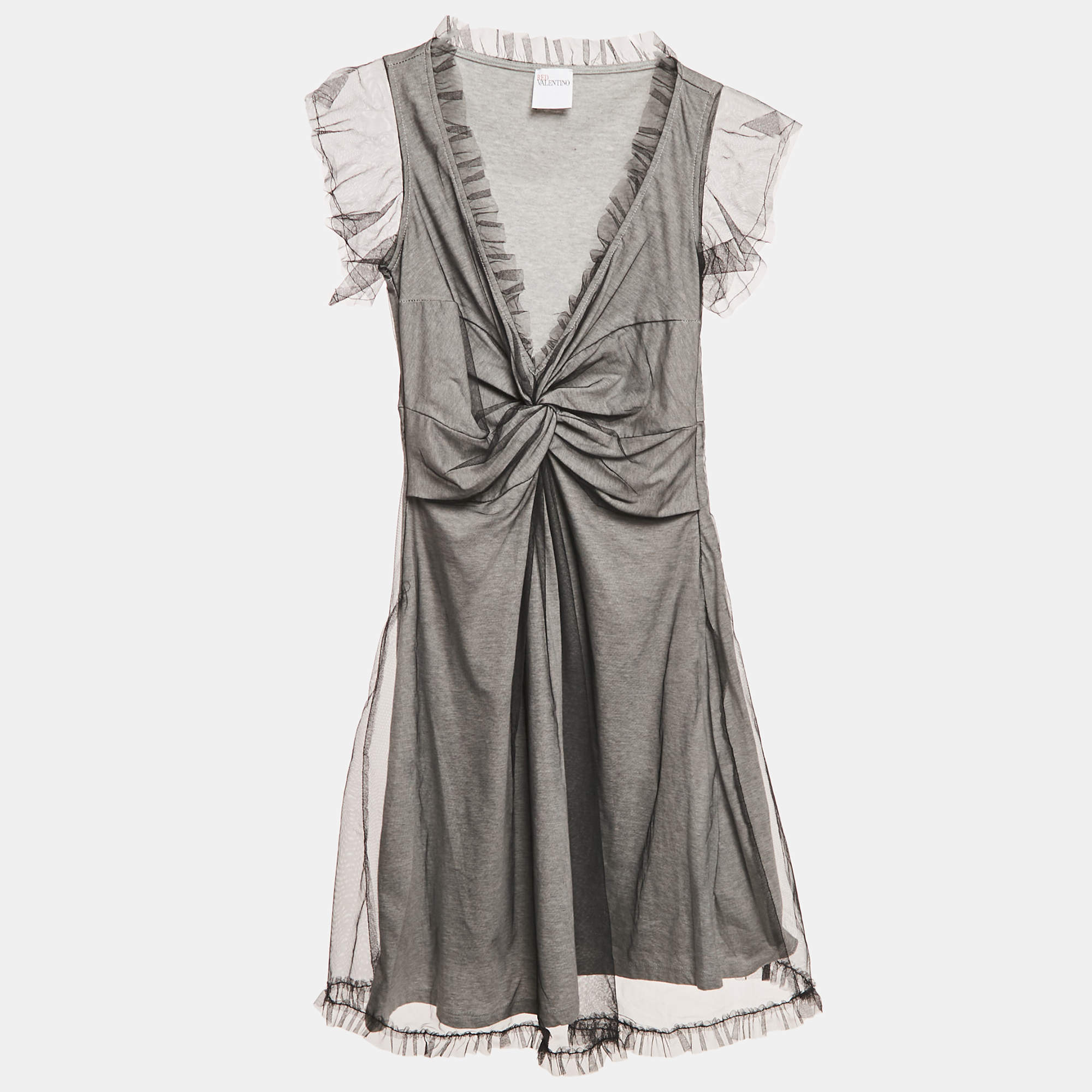 RED Valentino Grey Jersey/Tulle Ruffled Short Dress S