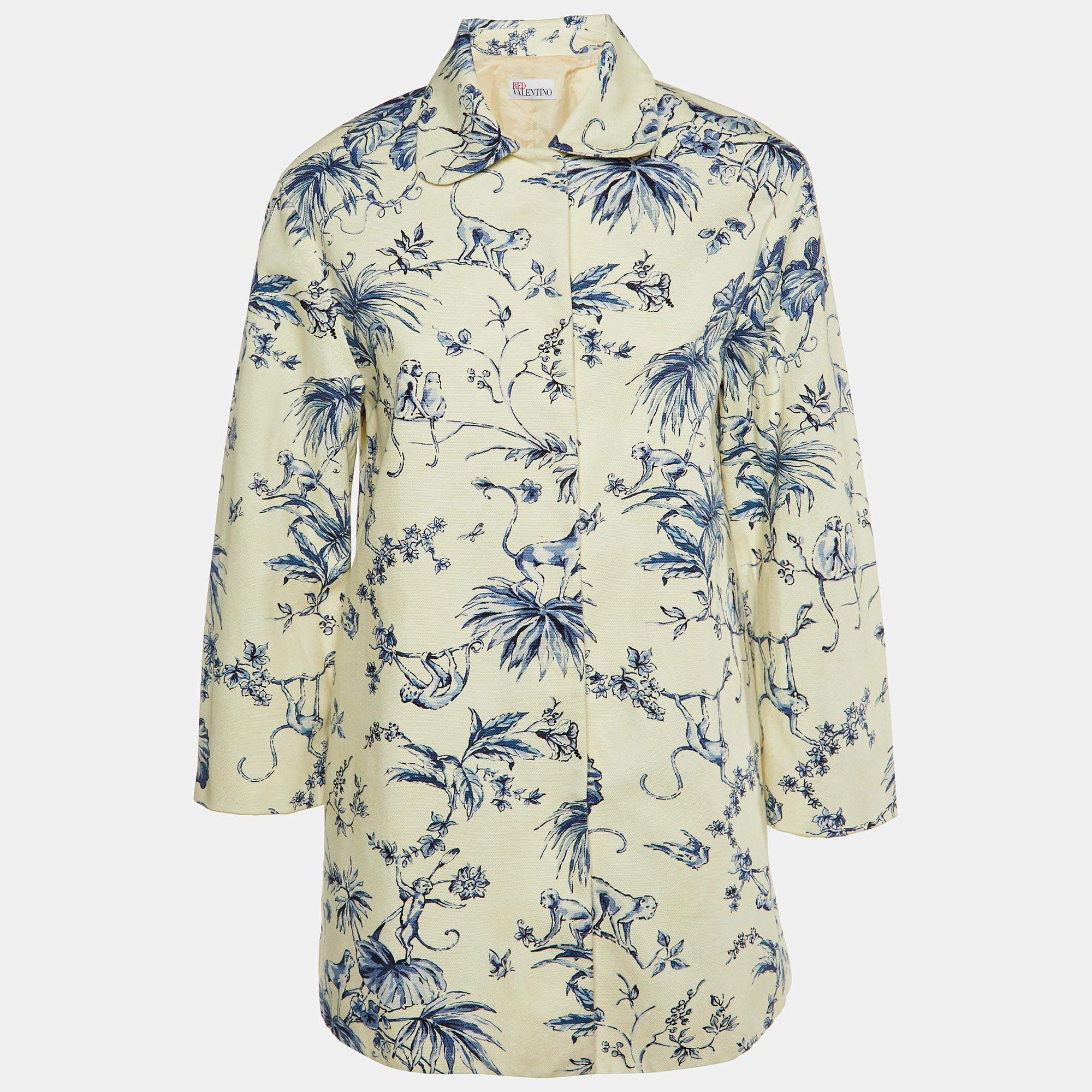 RED Valentino Off- White Printed Cotton Mid-Length Coat S
