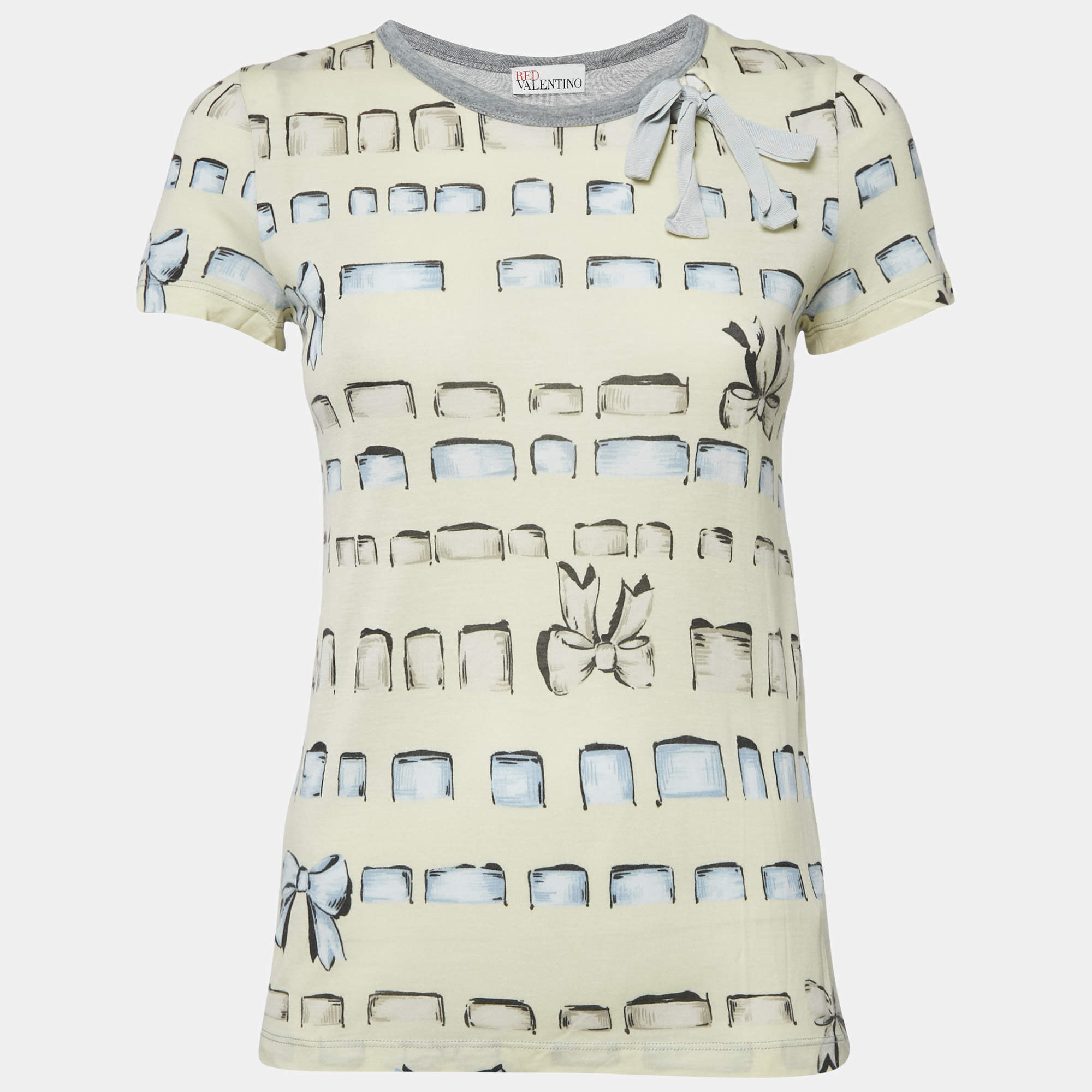 RED Valentino Yellow/Grey Printed Modal Bow Detail Top S