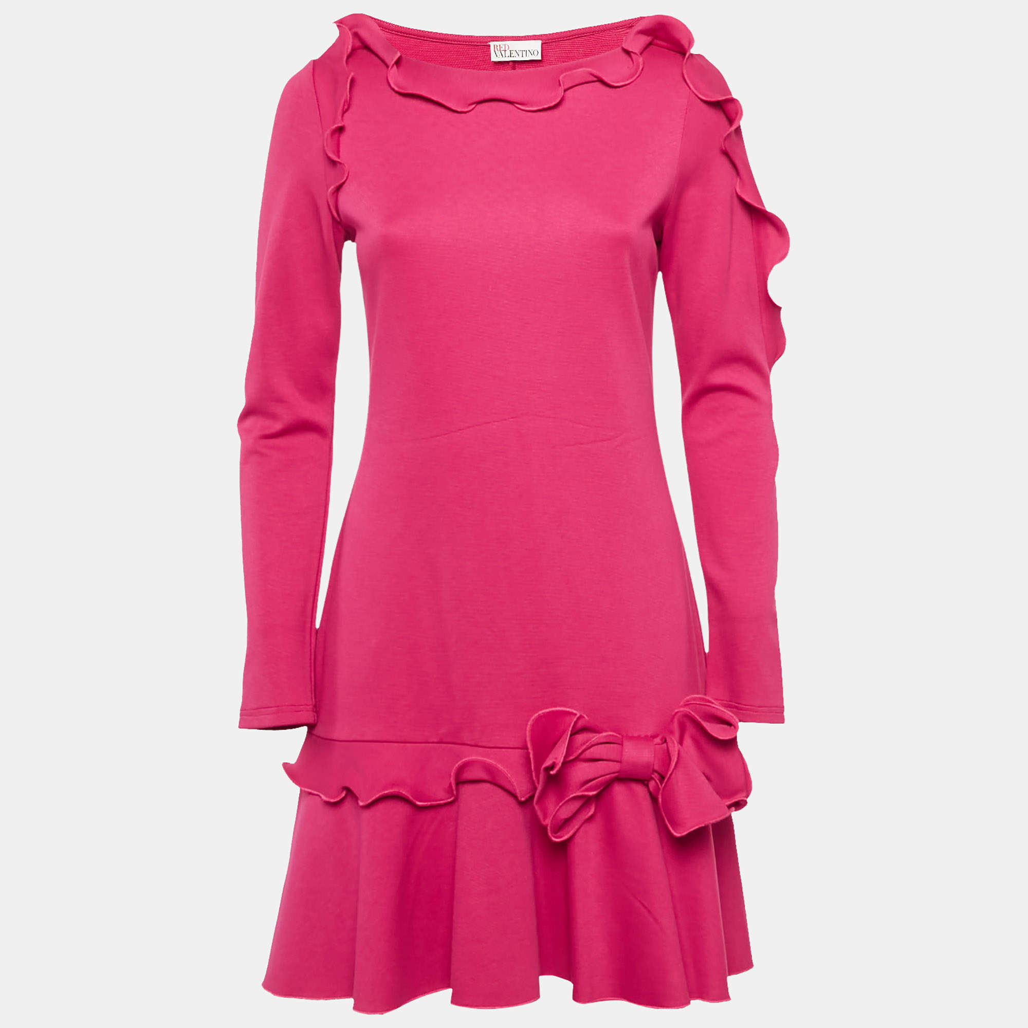Pre Owned RED Valentino Pink Jersey Bow Detail Flounce Dress L
