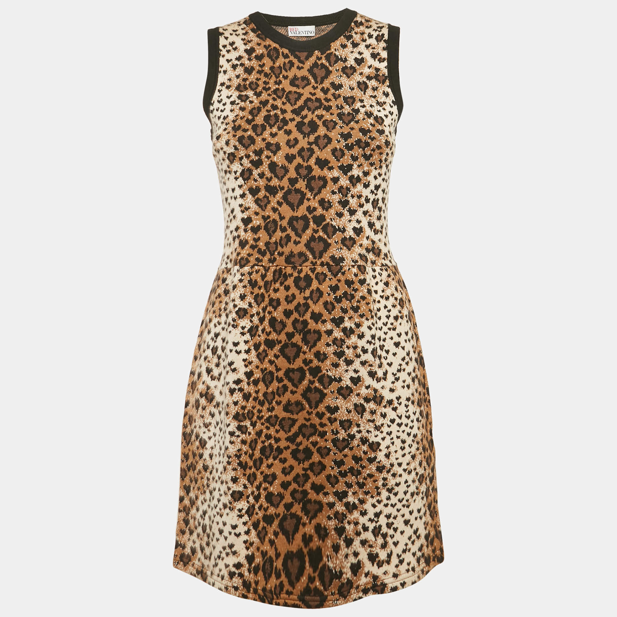 RED Valentino Brown Leopard Stretch Knit Sleeveless Mini Dress M
