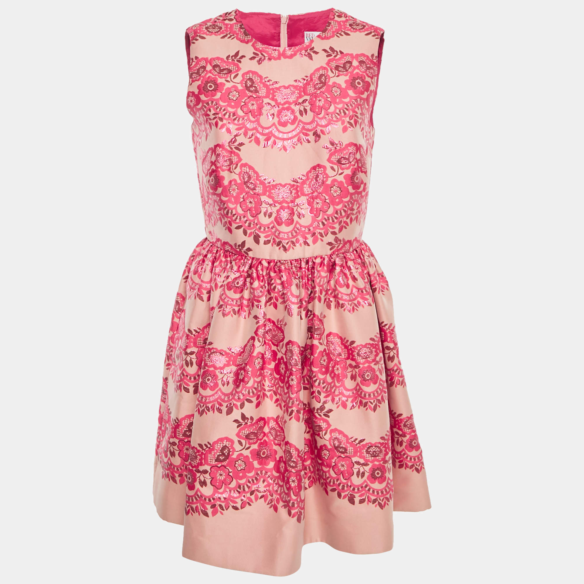 Pre Owned RED Valentino Pink Floral Metallic Jacquard Mini Dress M