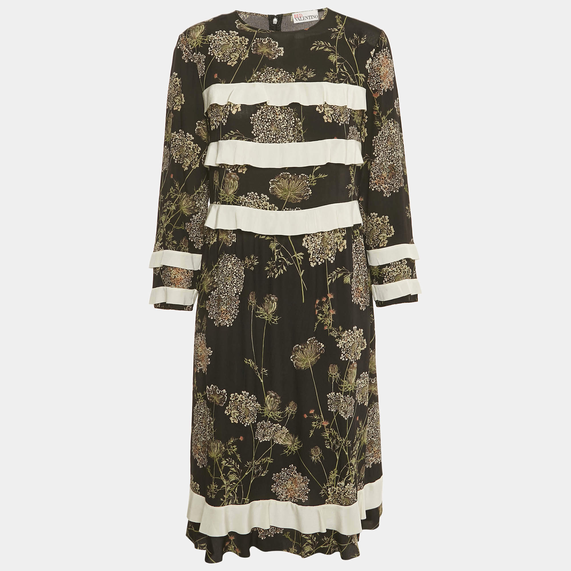 Pre Owned RED Valentino Black Floral Print Silk Frill Detail Midi Dress M
